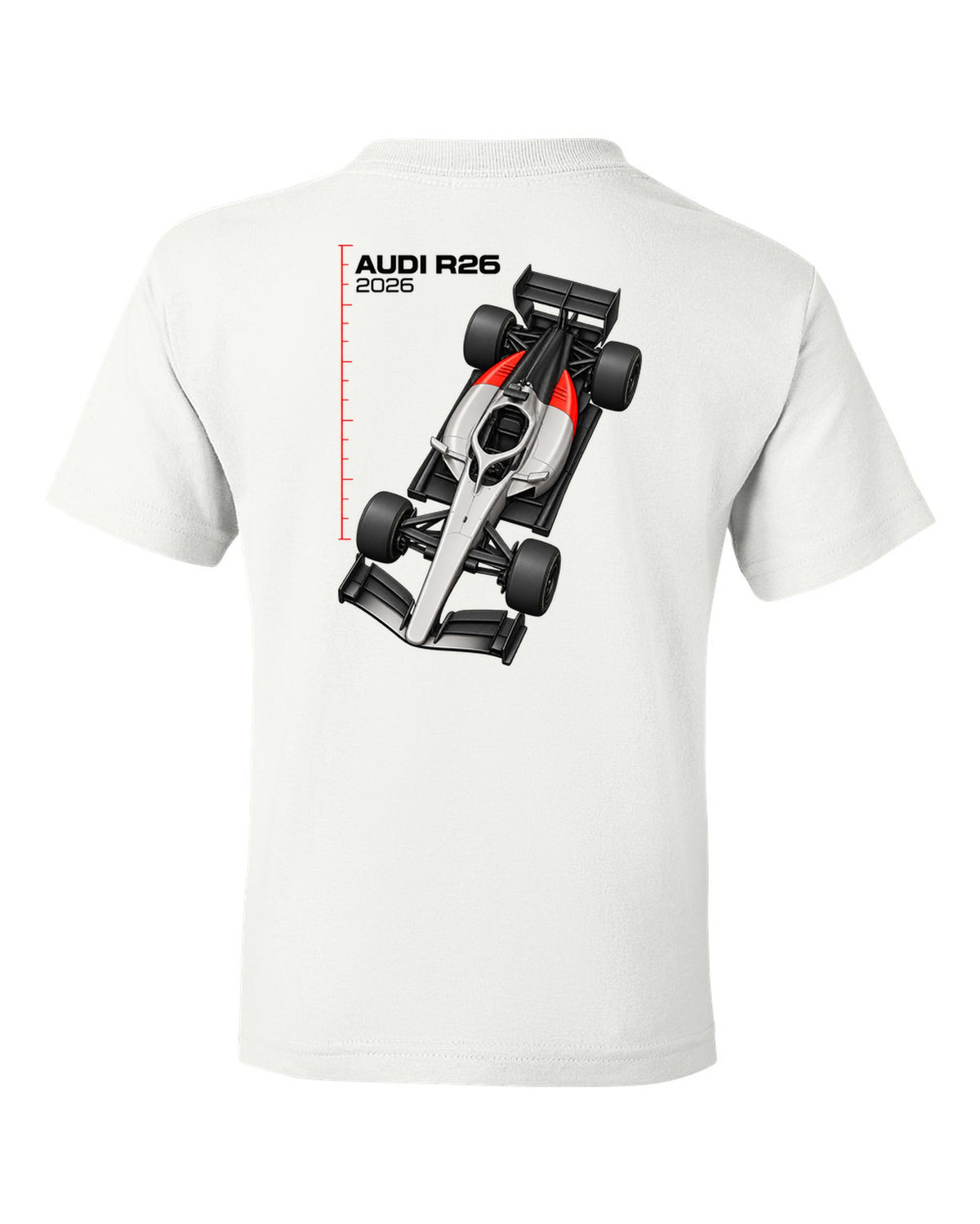 Audi R26 2026 F1 car technical poster artwork white kids tee back view with the design