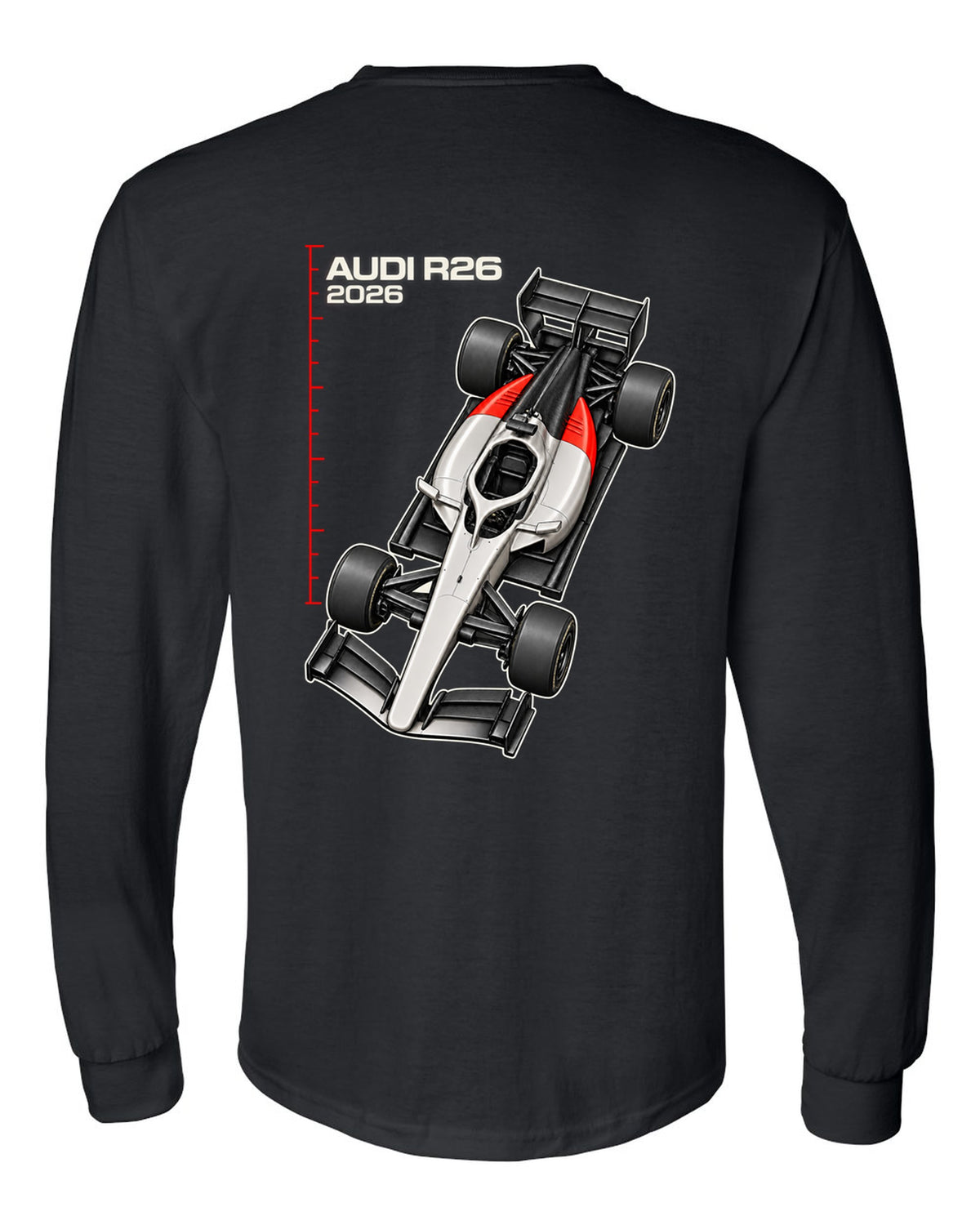 Audi R26 2026 F1 car technical poster artwork black long sleeve back view with the design