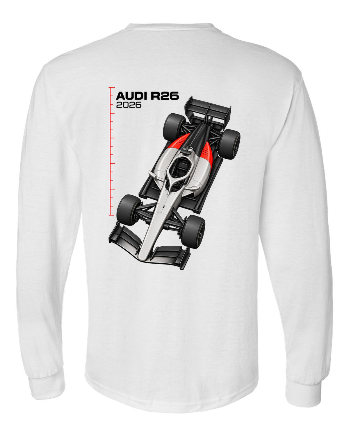 Audi R26 2026 F1 car technical poster artwork white long sleeve back view with the design