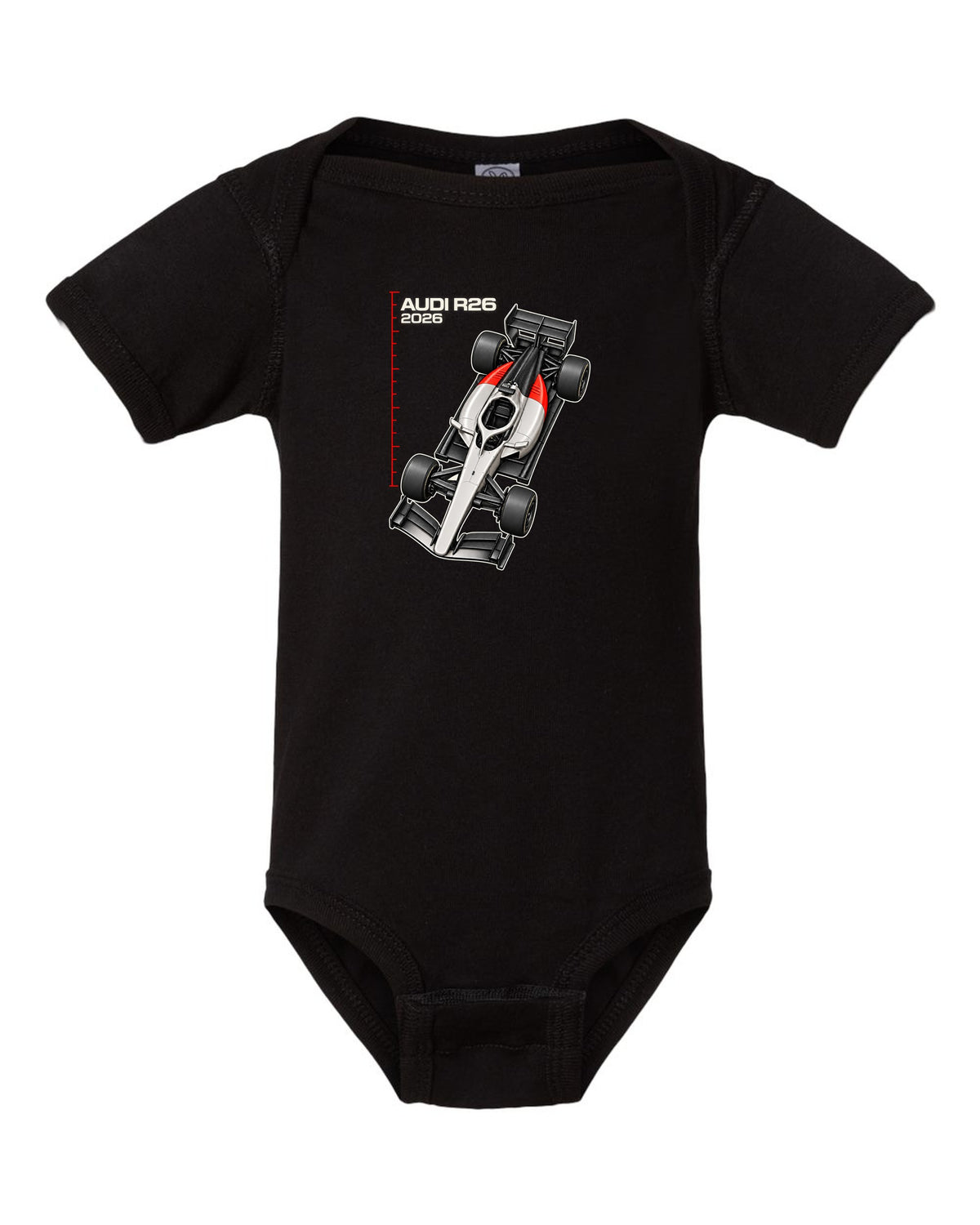 Audi R26 2026 F1 car technical poster artwork black baby onesie front view with the design