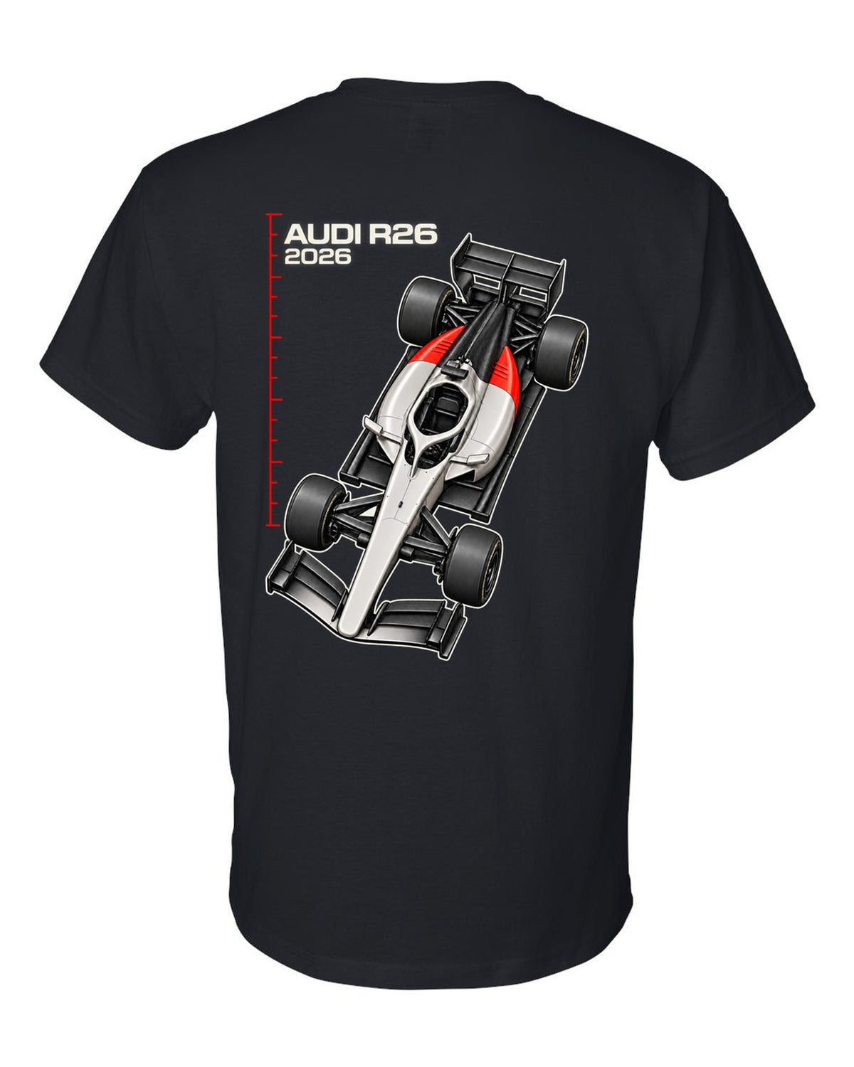 Audi R26 2026 F1 car technical poster artwork black t-shirt back view with the design