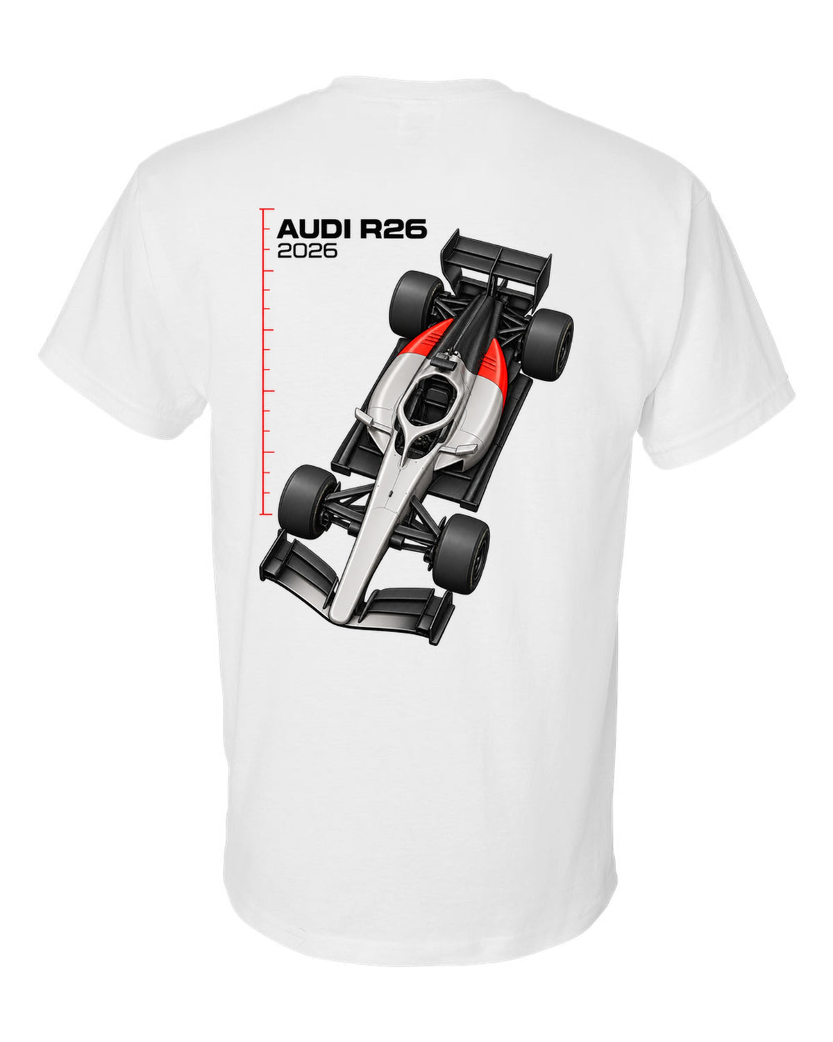 Audi R26 2026 F1 car technical poster artwork white t-shirt back view with the design