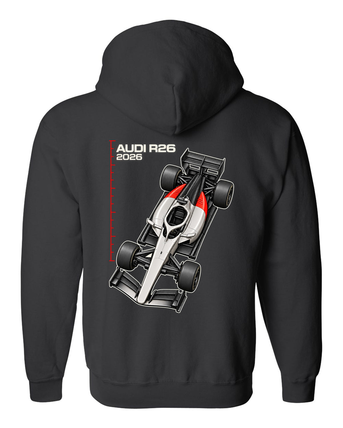Audi R26 2026 F1 car technical poster artwork black zip hoodie back view with the design