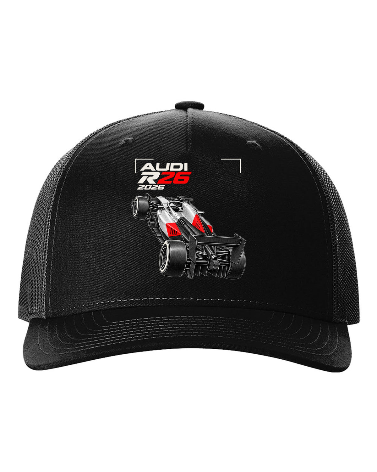 Audi R26 2026 F1 car technical poster artwork black hat front view with the design