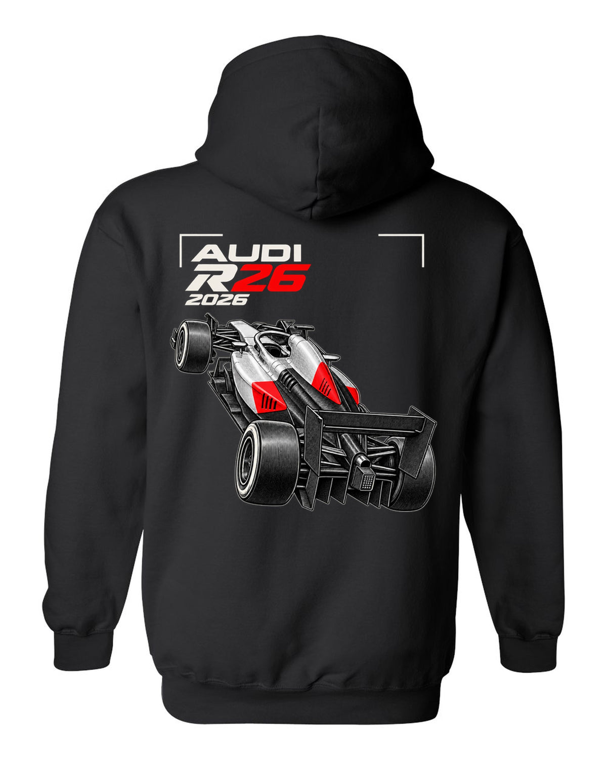 Audi R26 2026 F1 car technical poster artwork black pull over hoodie back view with the design