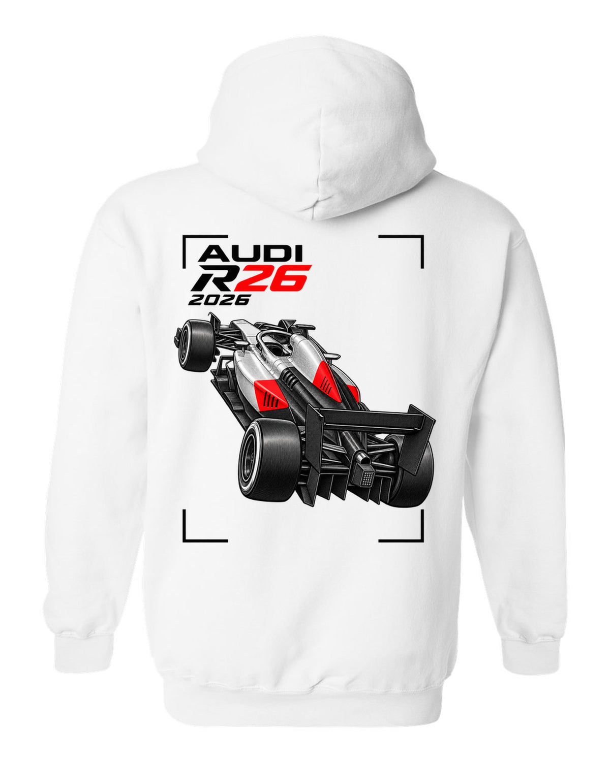Audi R26 2026 F1 car technical poster artwork white pull over hoodie back view with the design