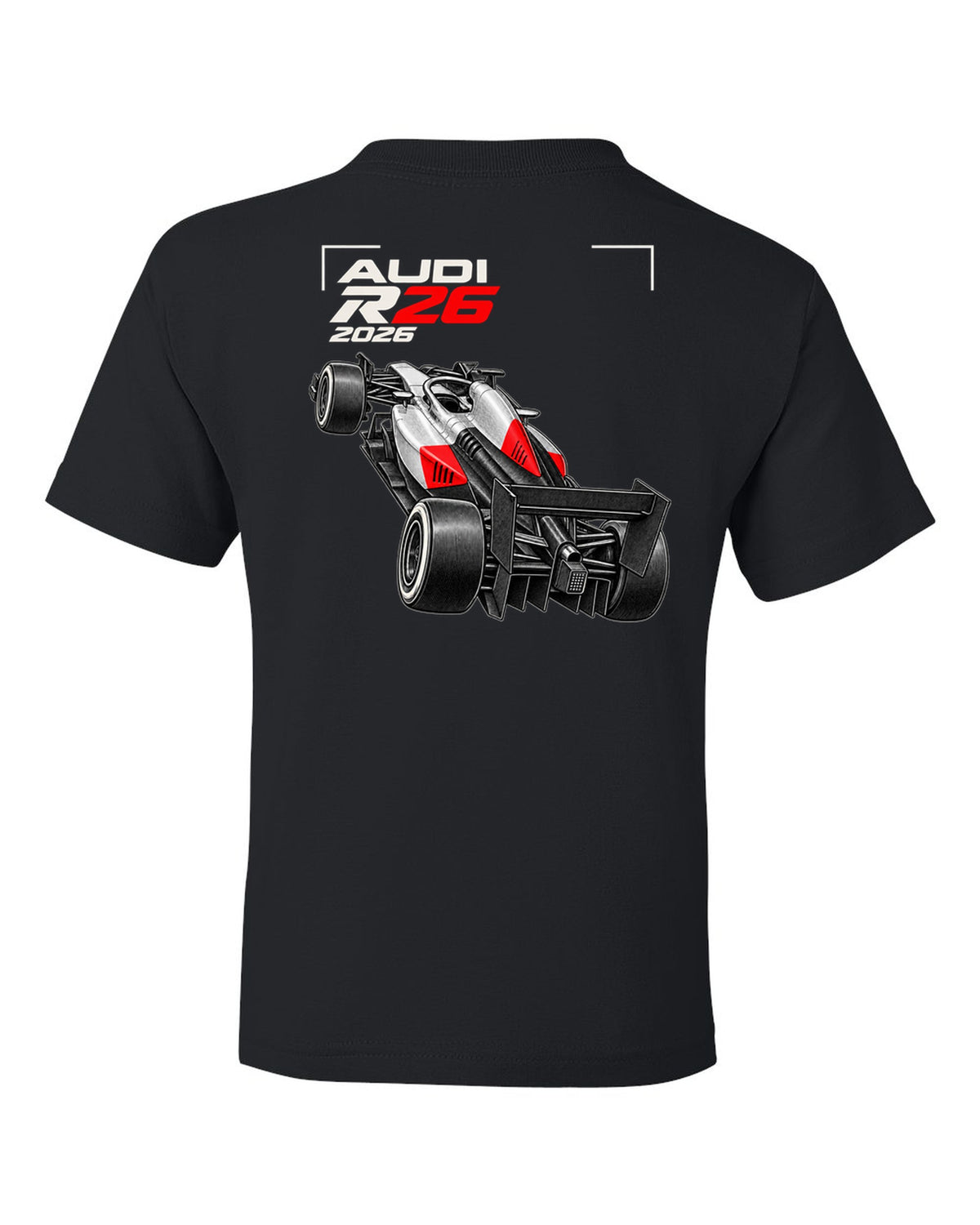 Audi R26 2026 F1 car technical poster artwork black kids tee back view with the design