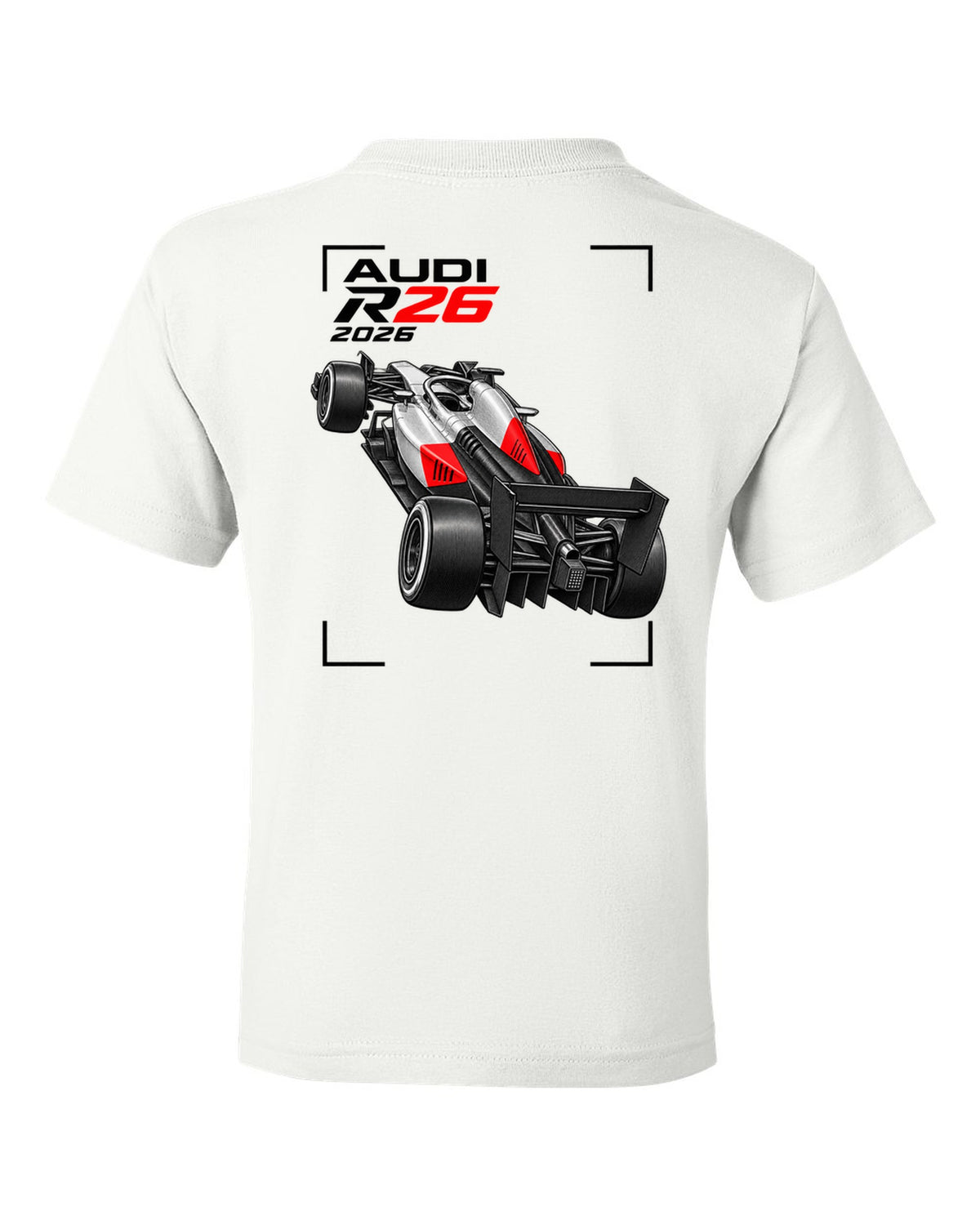Audi R26 2026 F1 car technical poster artwork white kids tee back view with the design
