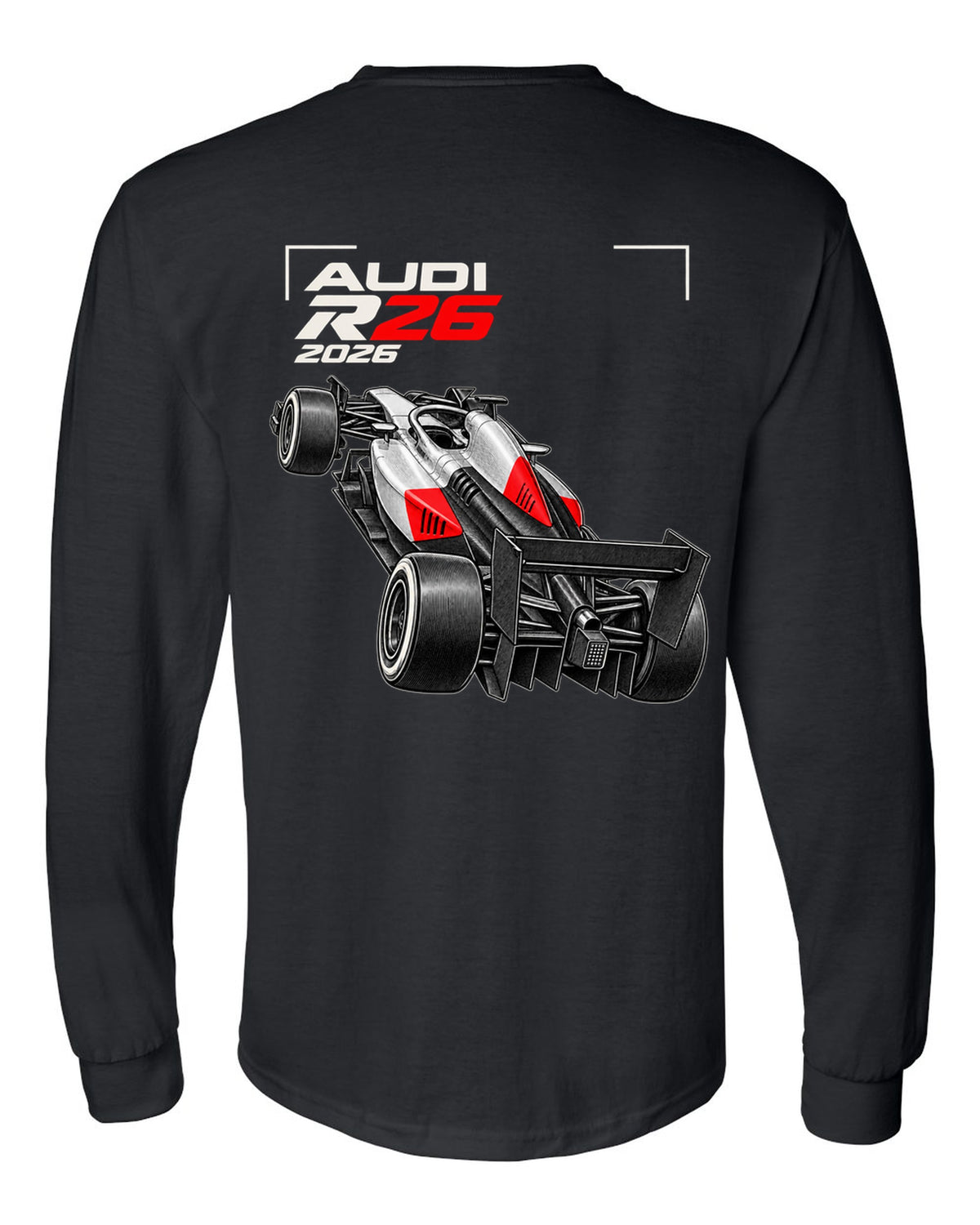 Audi R26 2026 F1 car technical poster artwork black long sleeve back view with the design
