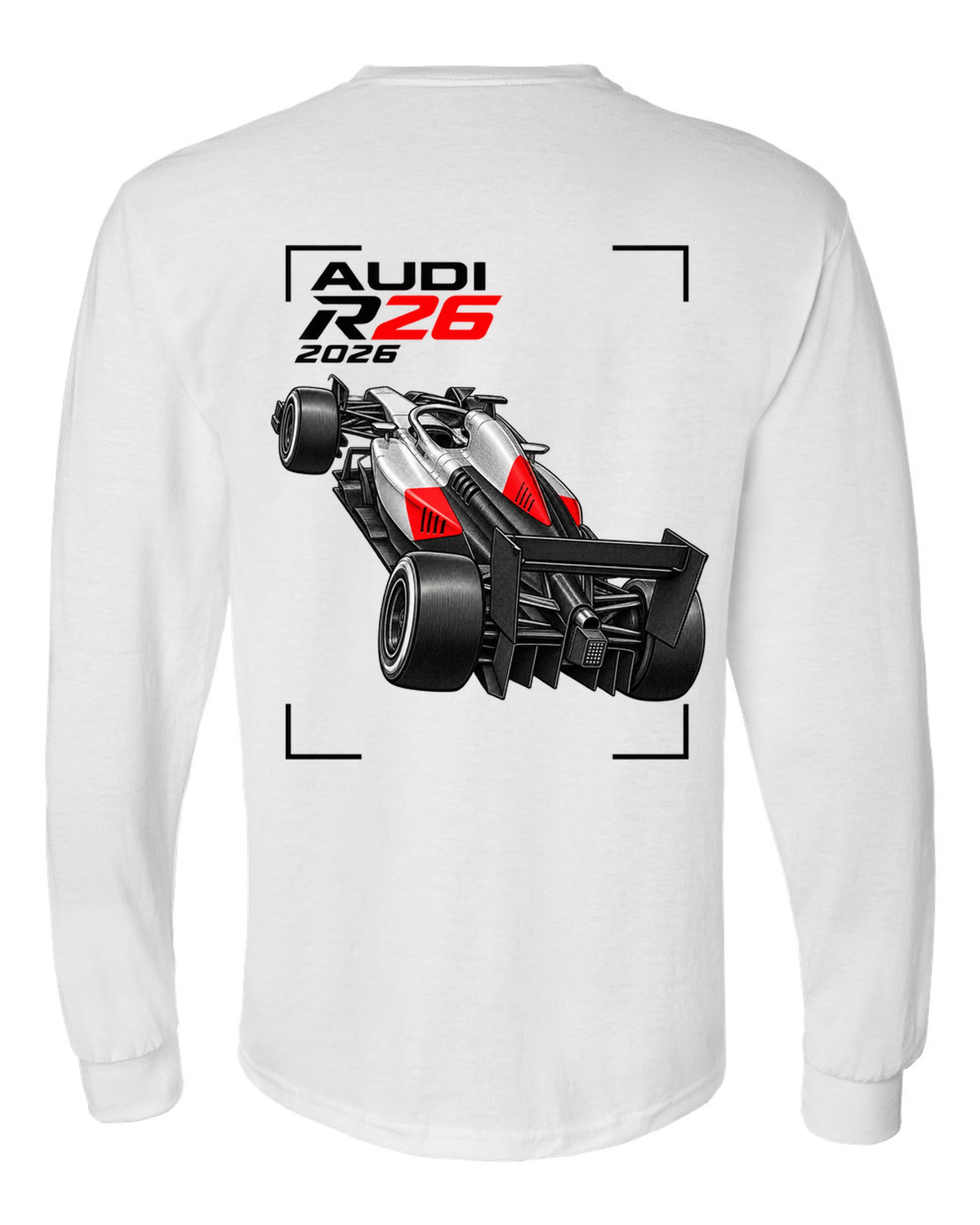 Audi R26 2026 F1 car technical poster artwork white long sleeve back view with the design