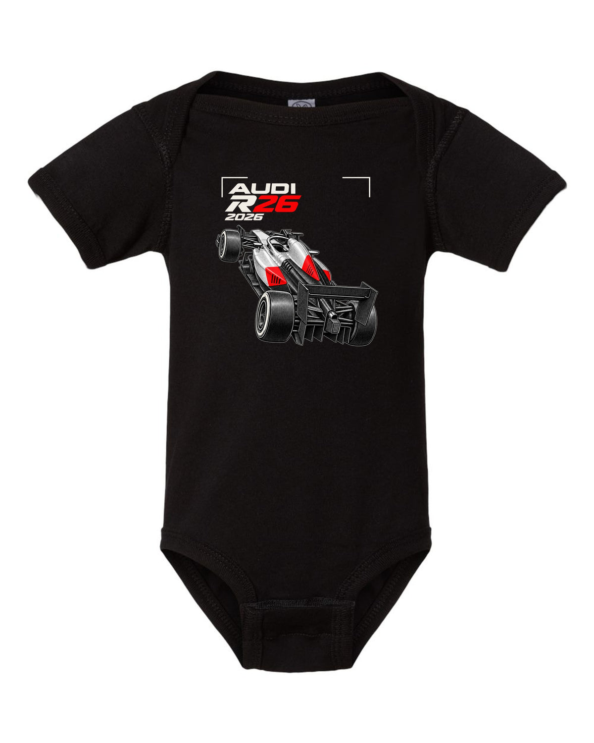 Audi R26 2026 F1 car technical poster artwork black baby onesie front view with the design