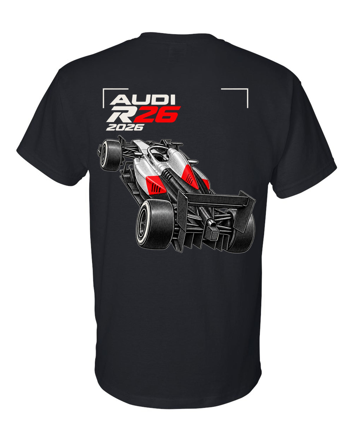 Audi R26 2026 F1 car technical poster artwork black t-shirt back view with the design