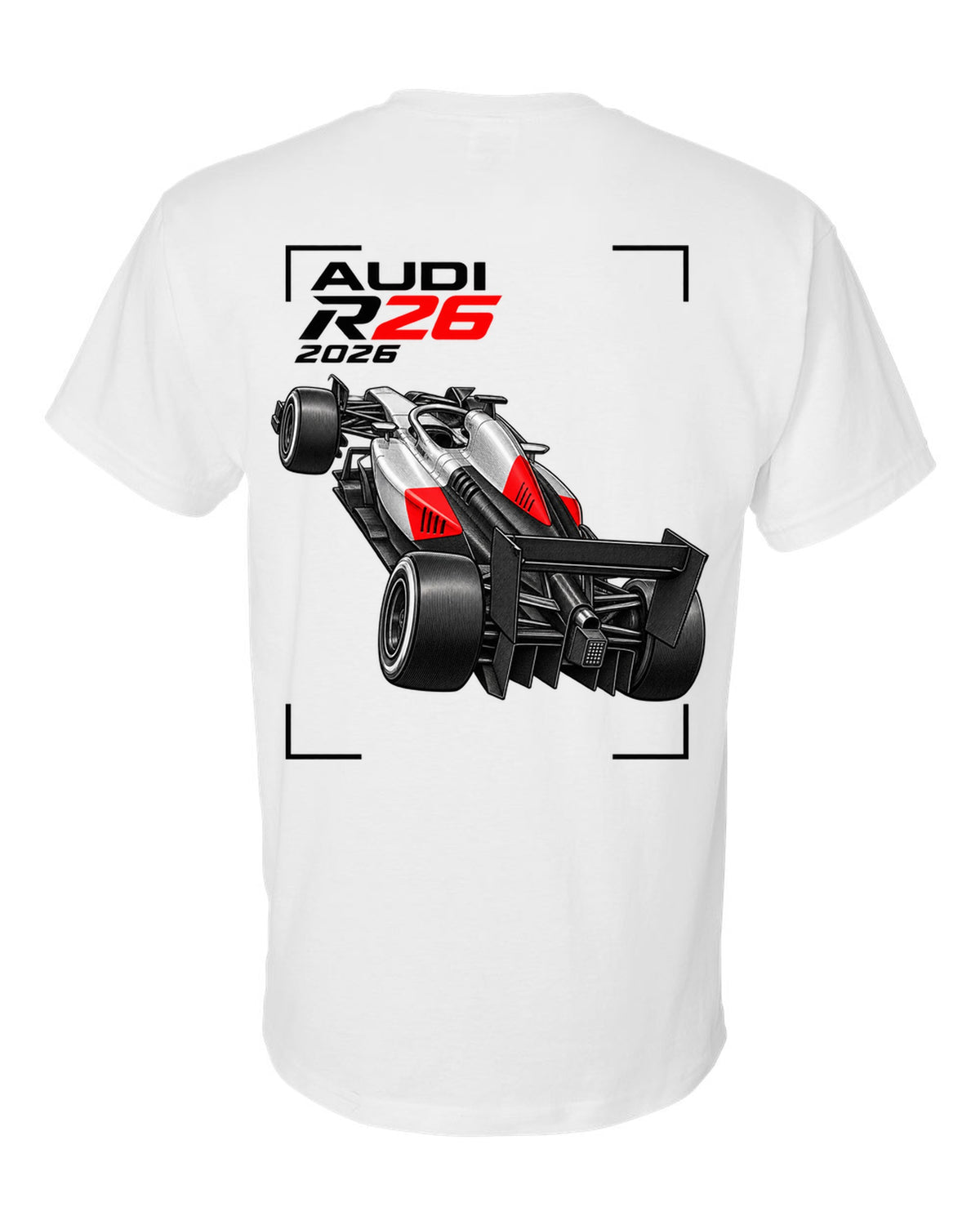 Audi R26 2026 F1 car technical poster artwork white t-shirt back view with the design