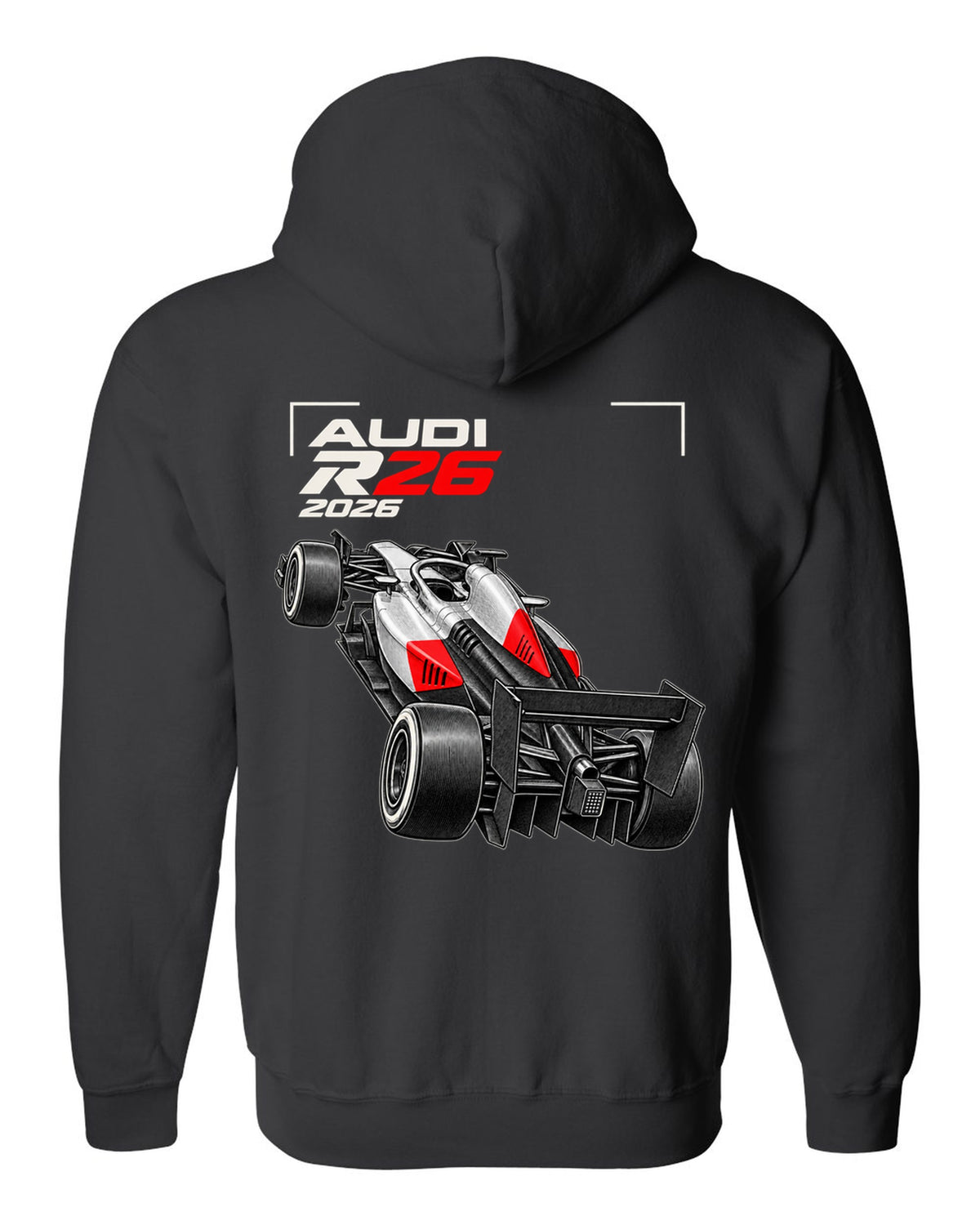 Audi R26 2026 F1 car technical poster artwork black zip hoodie back view with the design