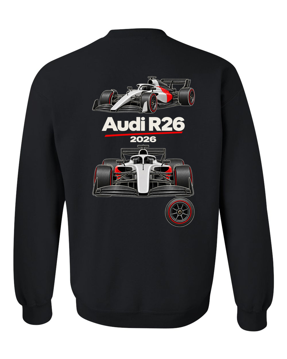 Audi R26 2026 F1 car technical poster artwork black crewneck back view with the design