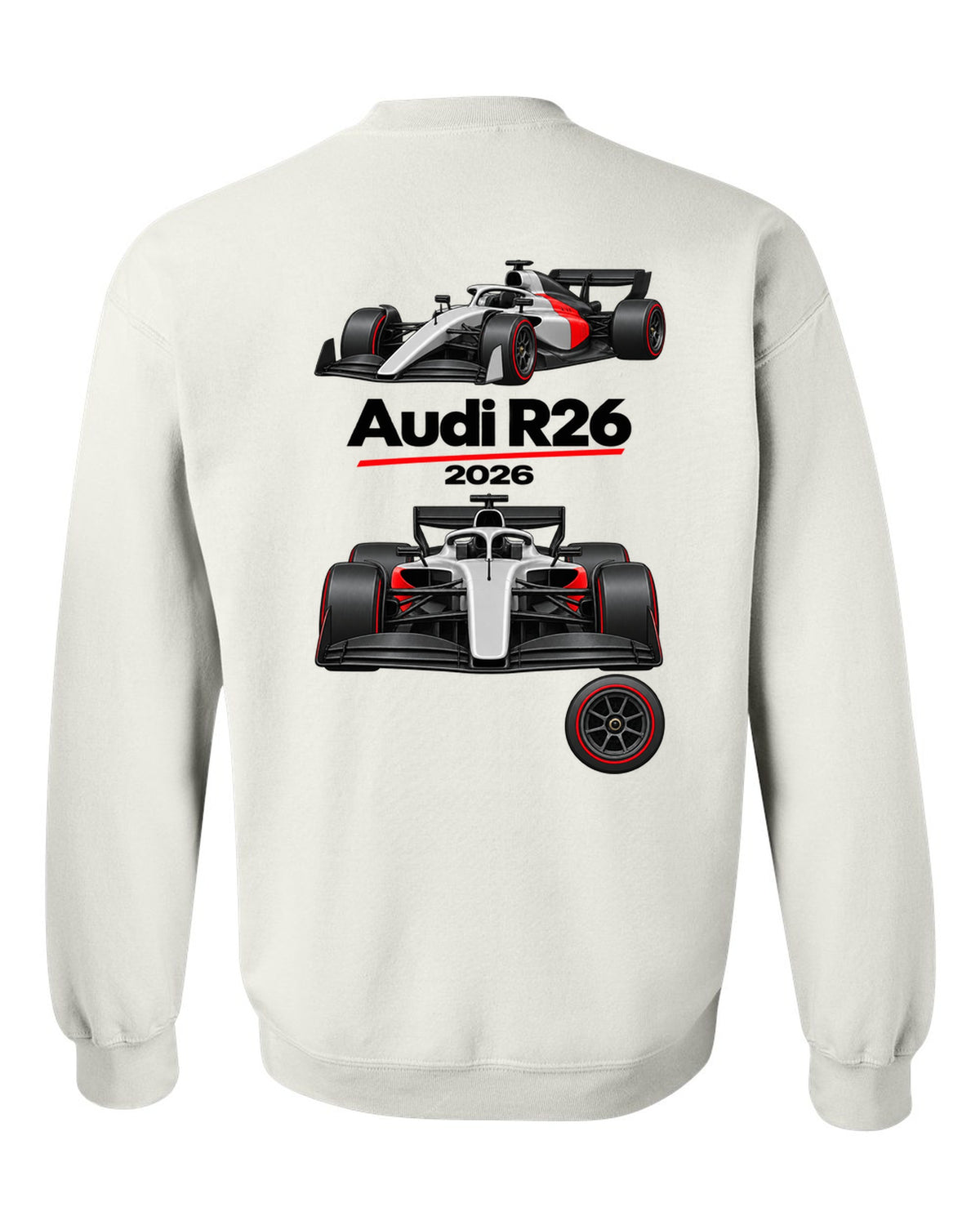 Audi R26 2026 F1 car technical poster artwork white crewneck back view with the design