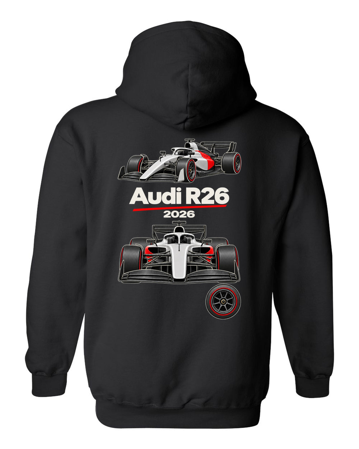 Audi R26 2026 F1 car technical poster artwork black pull over hoodie back view with the design