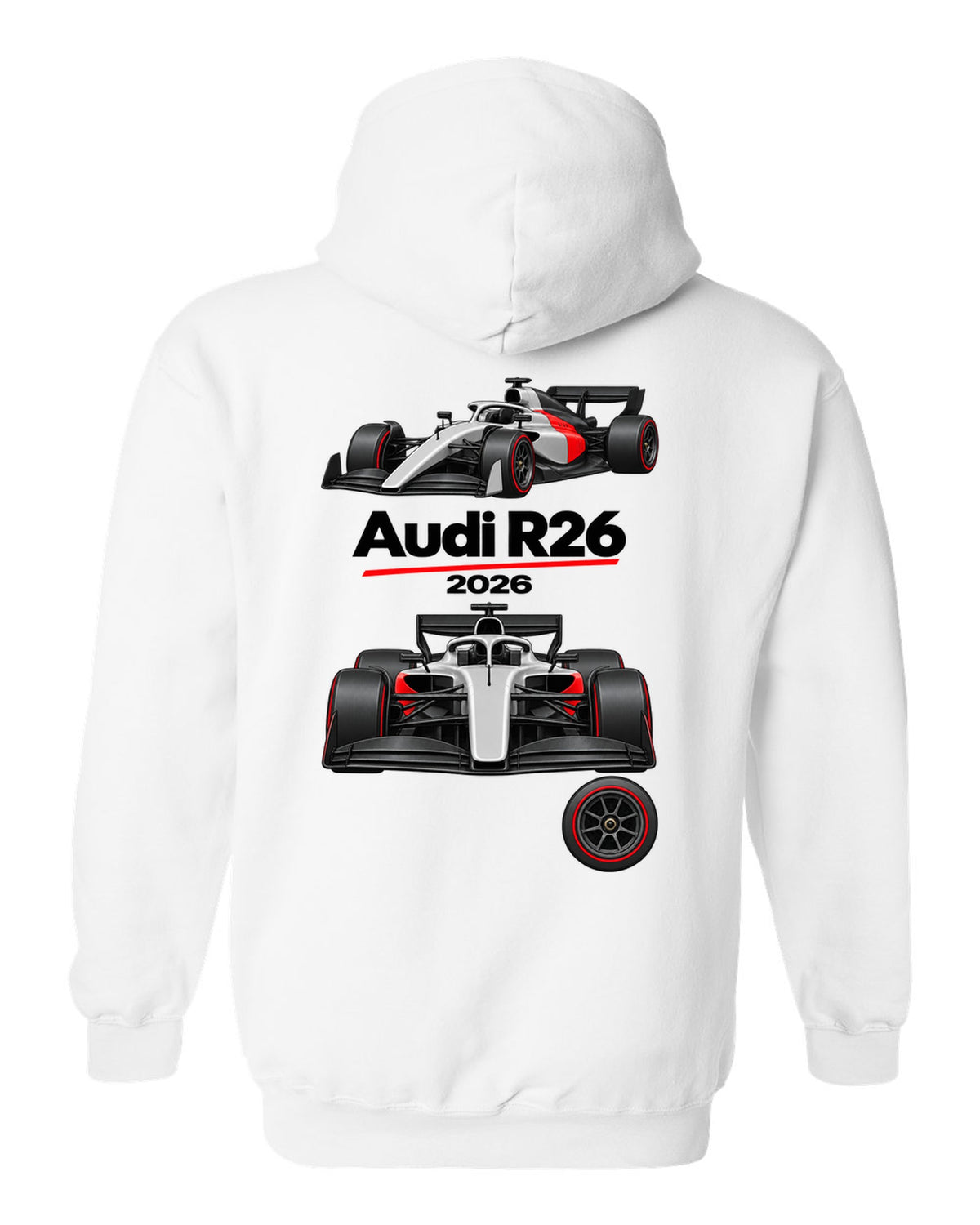 Audi R26 2026 F1 car technical poster artwork white pull over hoodie back view with the design
