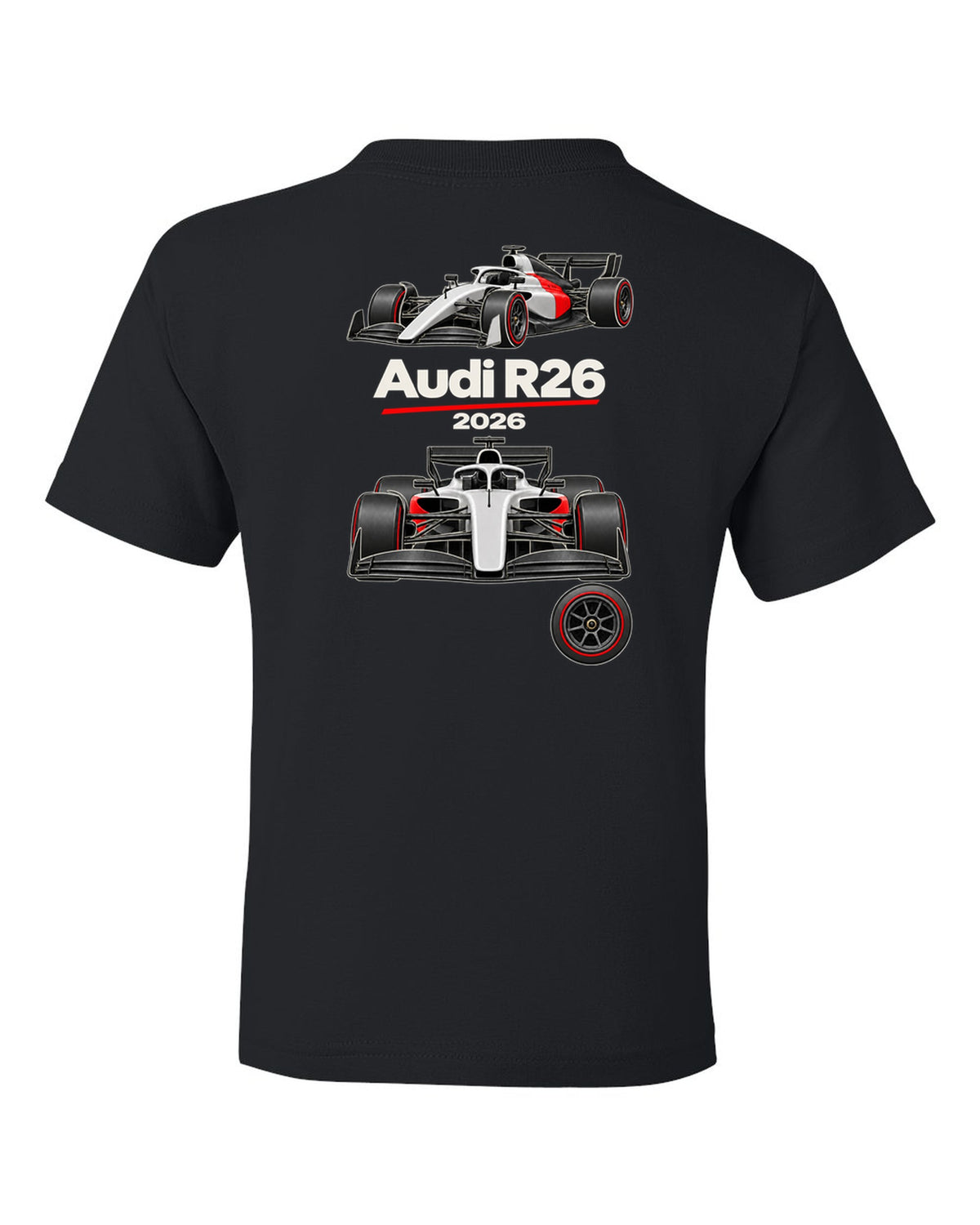 Audi R26 2026 F1 car technical poster artwork black kids tee back view with the design
