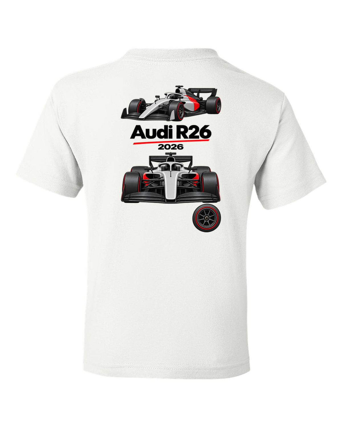Audi R26 2026 F1 car technical poster artwork white kids tee back view with the design