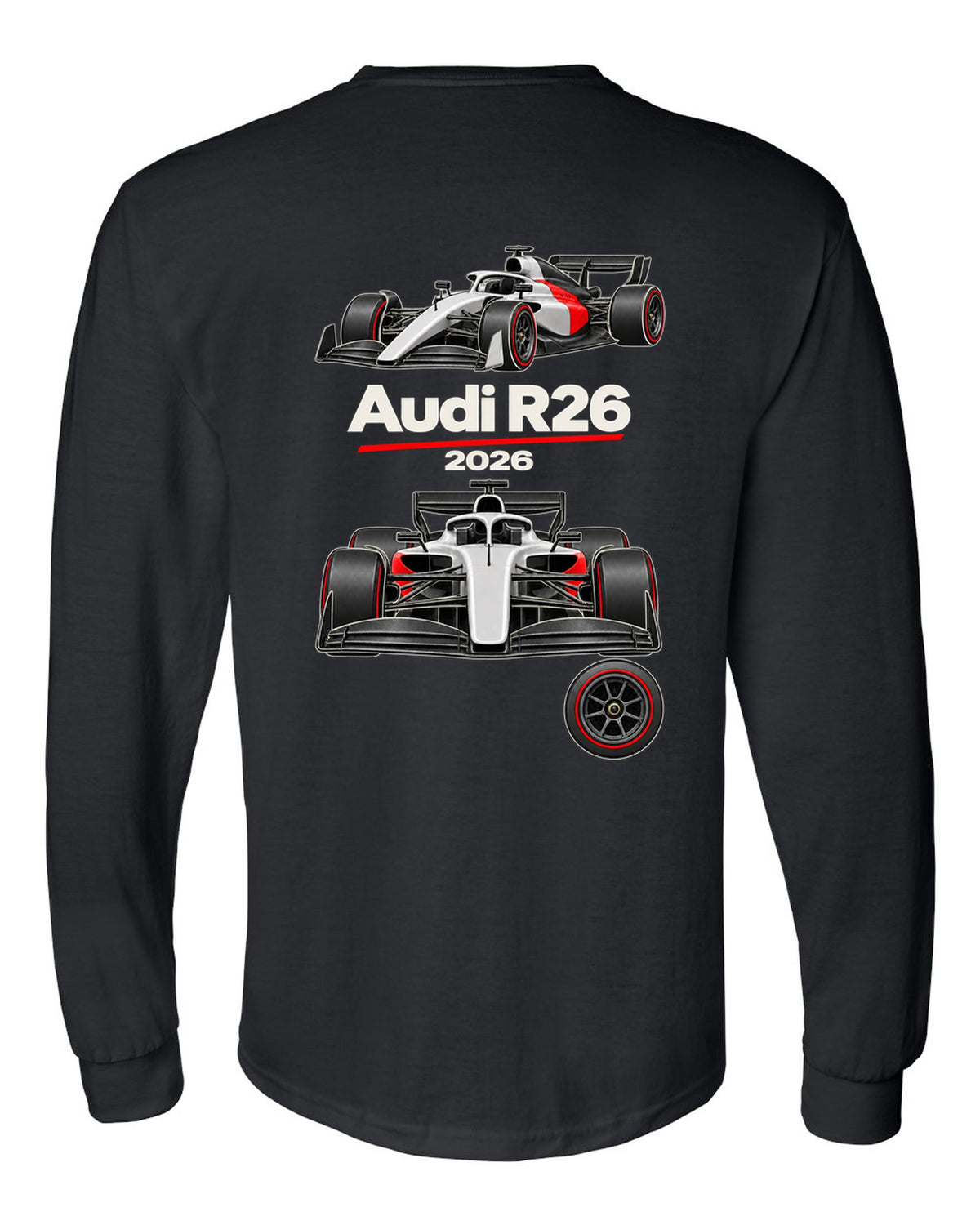 Audi R26 2026 F1 car technical poster artwork black long sleeve back view with the design