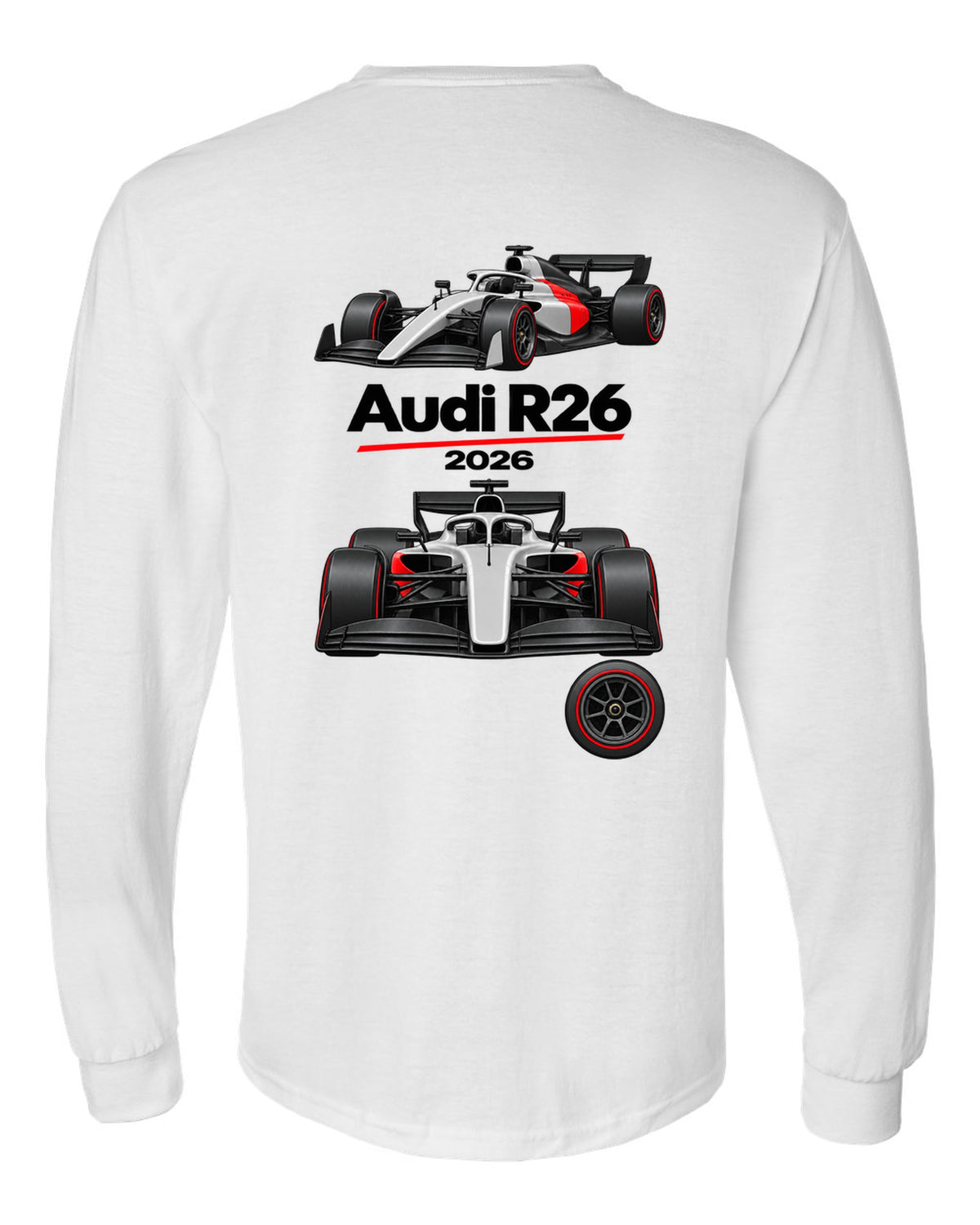 Audi R26 2026 F1 car technical poster artwork white long sleeve back view with the design