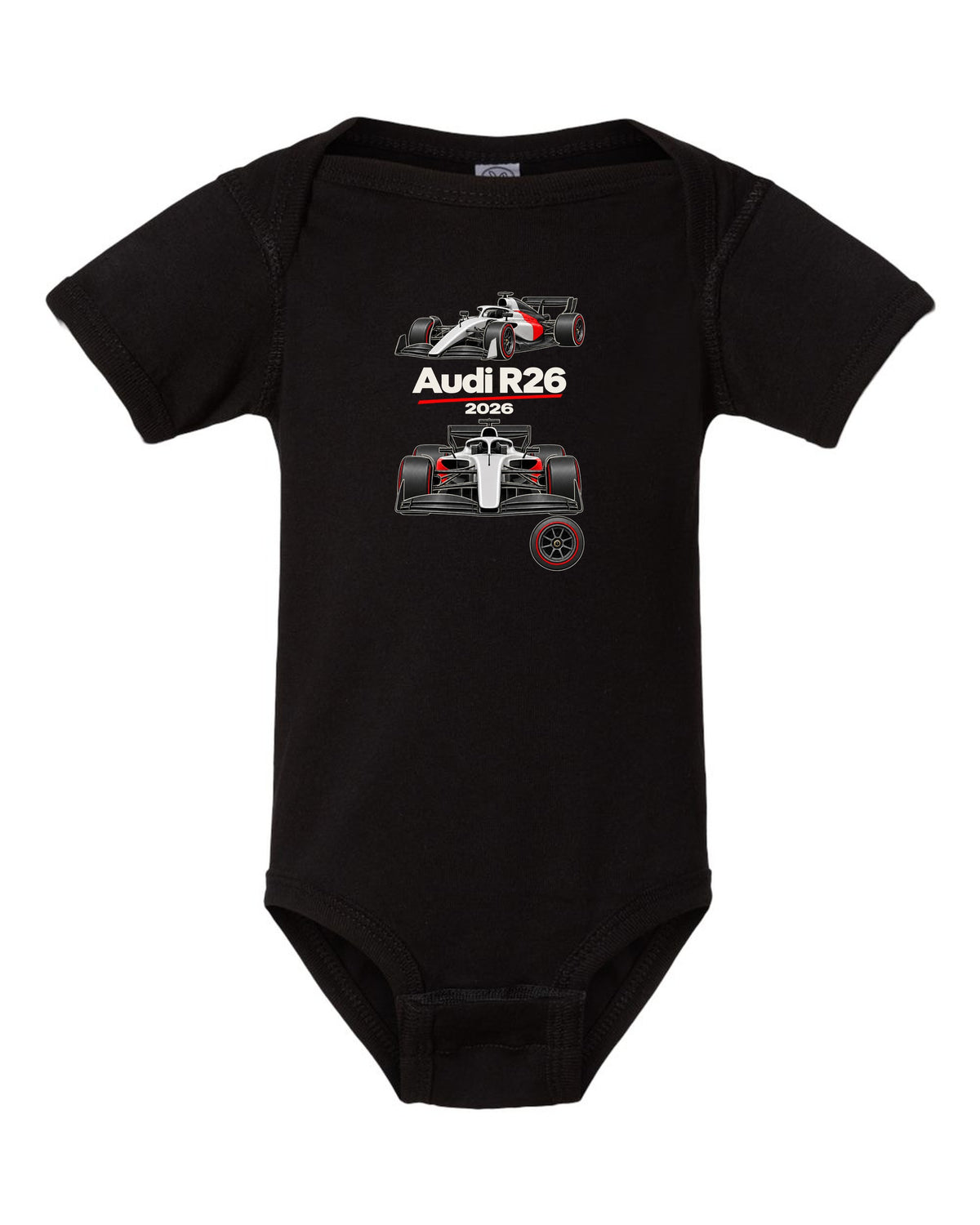 Audi R26 2026 F1 car technical poster artwork black baby onesie front view with the design