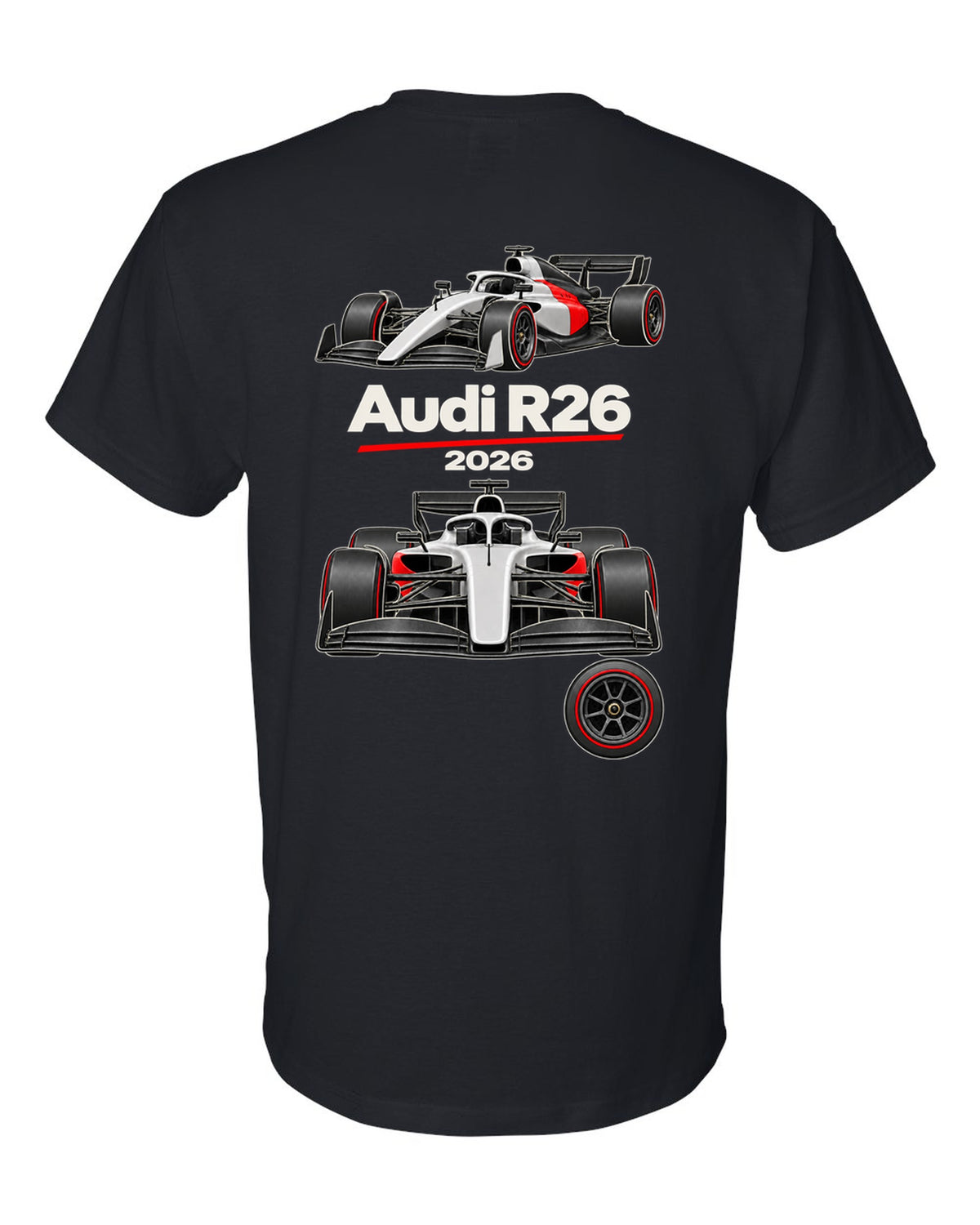 Audi R26 2026 F1 car technical poster artwork black t-shirt back view with the design