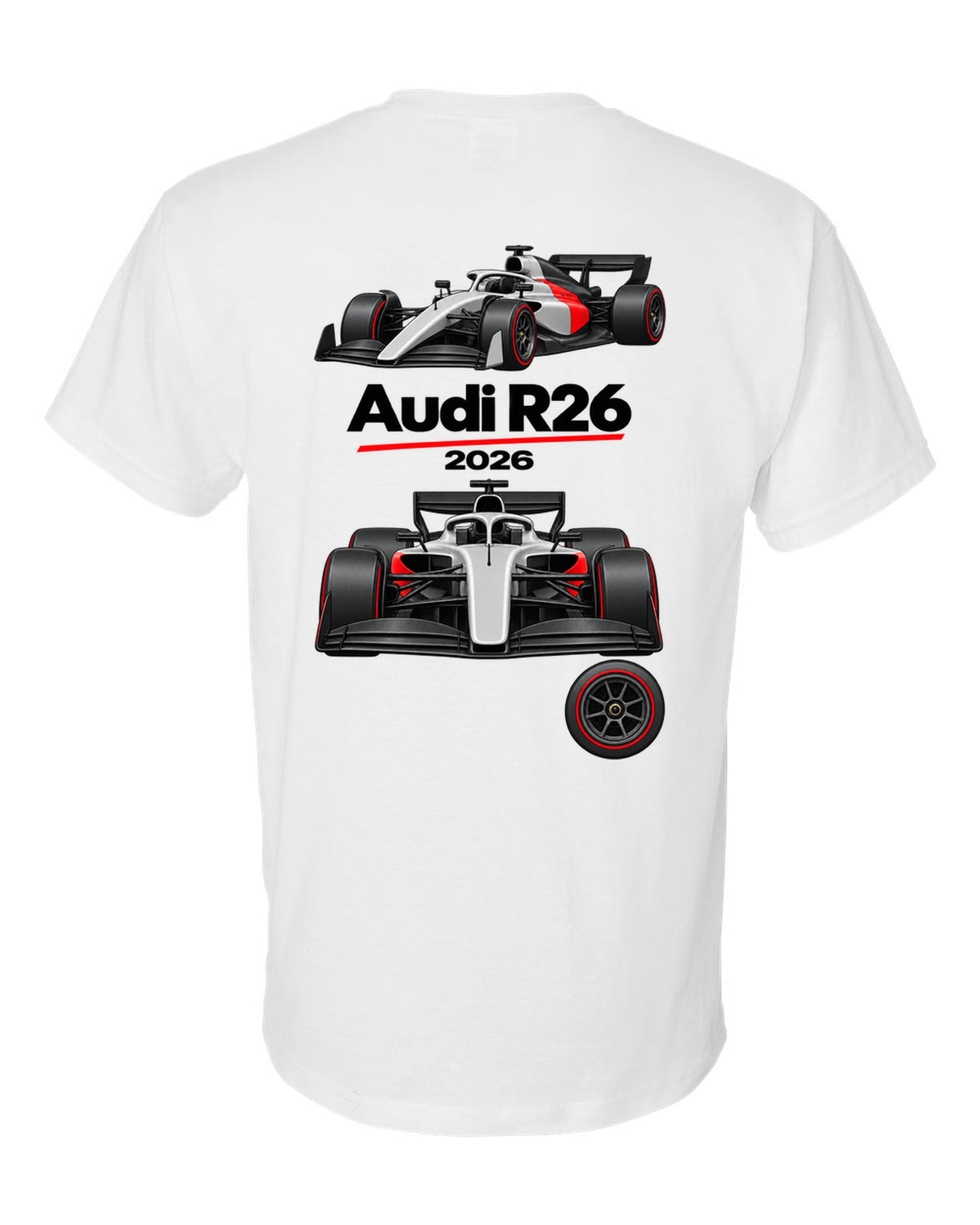 Audi R26 2026 F1 car technical poster artwork white t-shirt back view with the design