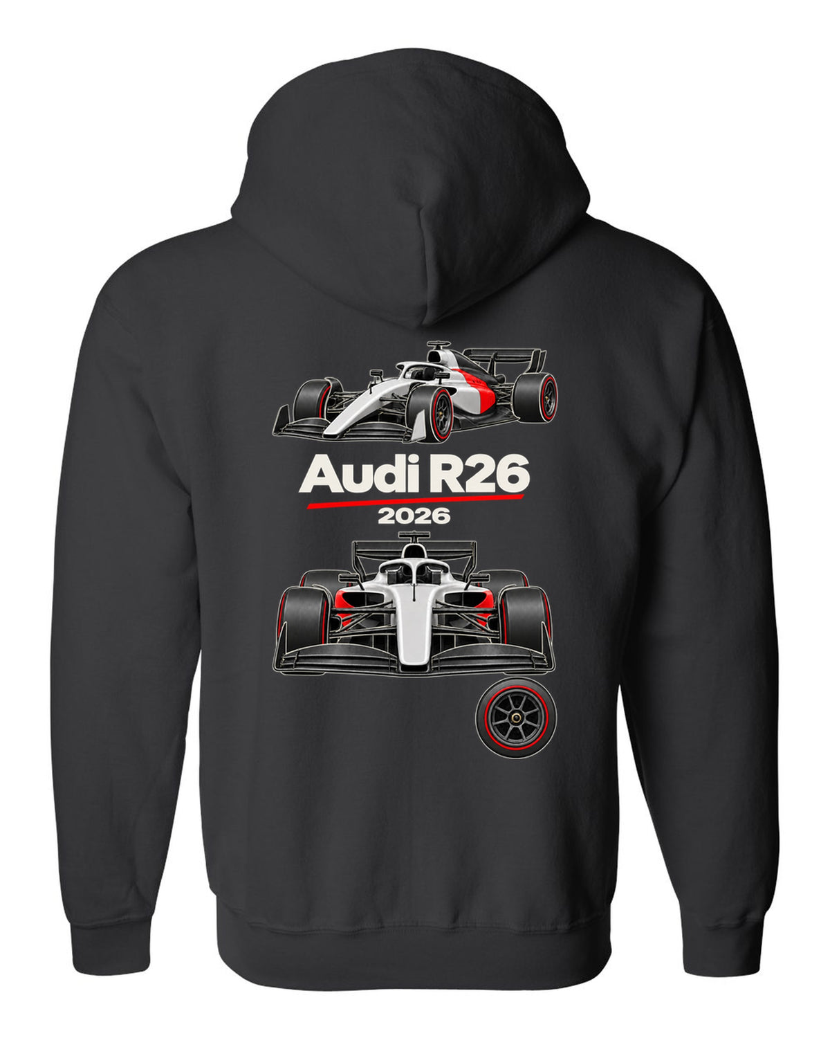 Audi R26 2026 F1 car technical poster artwork black zip hoodie back view with the design