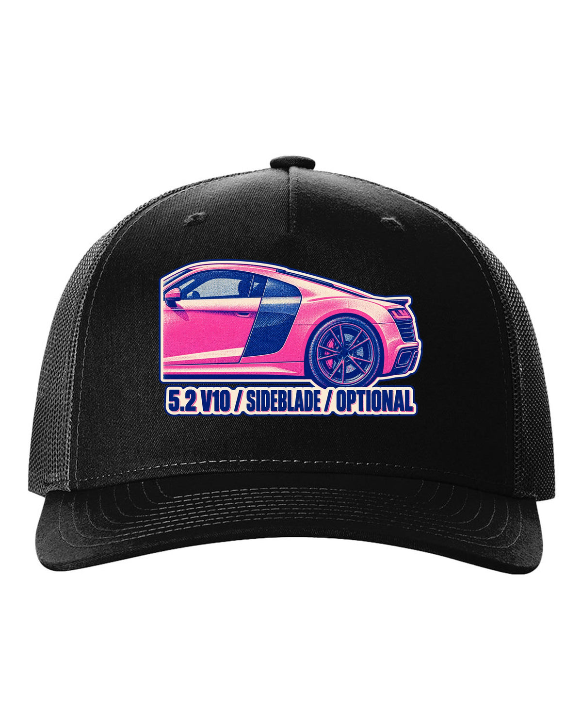 Risograph two-ink print of an Audi R8 4S with 5.2 V10 and Sideblade text black hat front view with the design