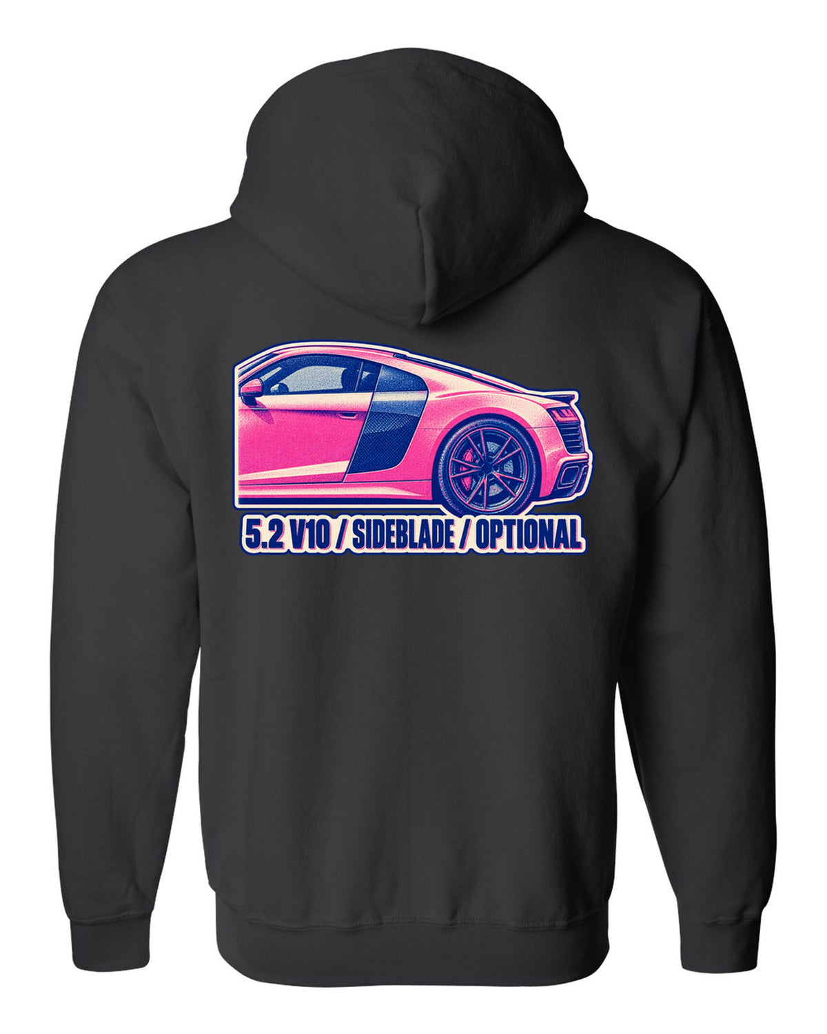 Risograph two-ink print of an Audi R8 4S with 5.2 V10 and Sideblade text black zip hoodie back view with the design