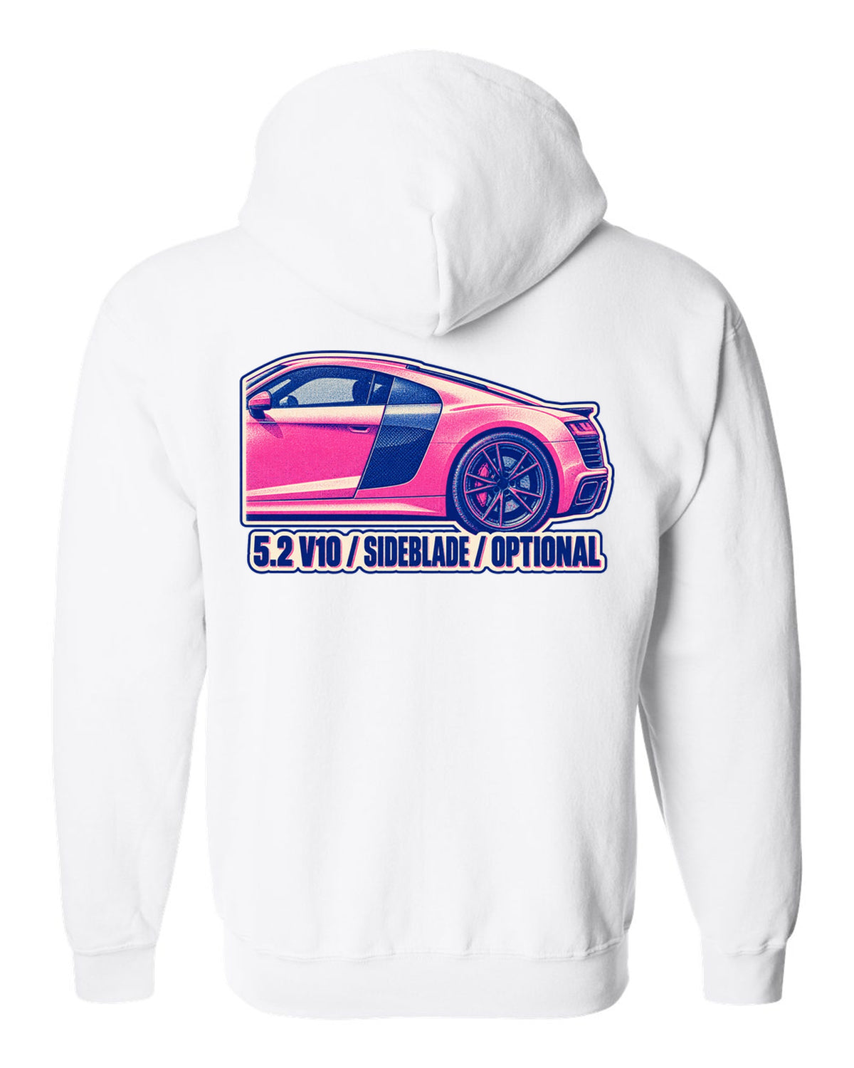 Risograph two-ink print of an Audi R8 4S with 5.2 V10 and Sideblade text white zip hoodie back view with the design