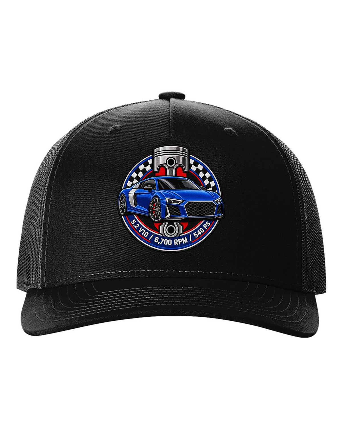 Varsity badge crest print of an Audi R8 4S with 5.2 V10 and 540 PS text black hat front view with the design