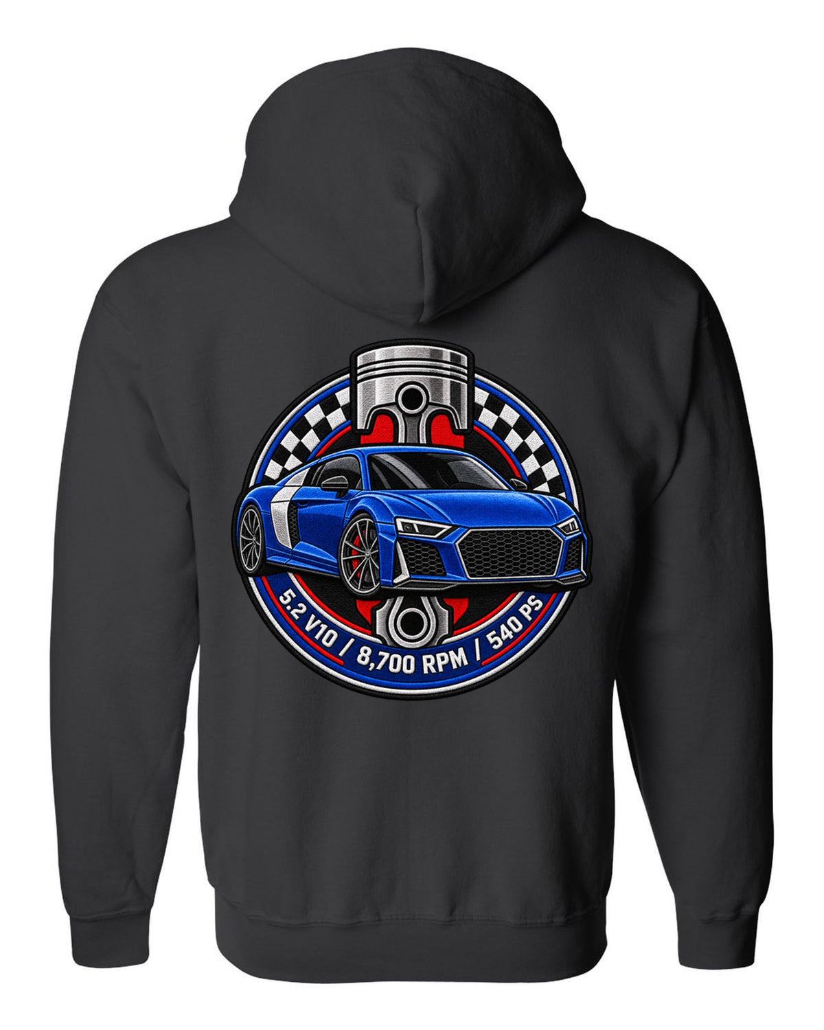 Varsity badge crest print of an Audi R8 4S with 5.2 V10 and 540 PS text black zip hoodie back view with the design