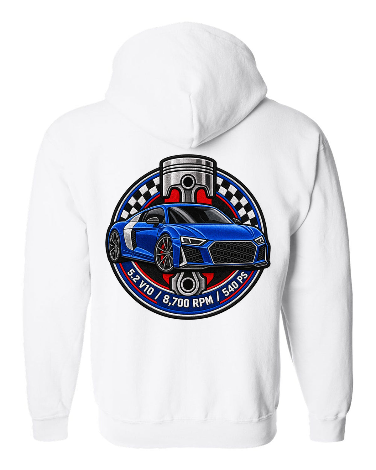 Varsity badge crest print of an Audi R8 4S with 5.2 V10 and 540 PS text white zip hoodie back view with the design