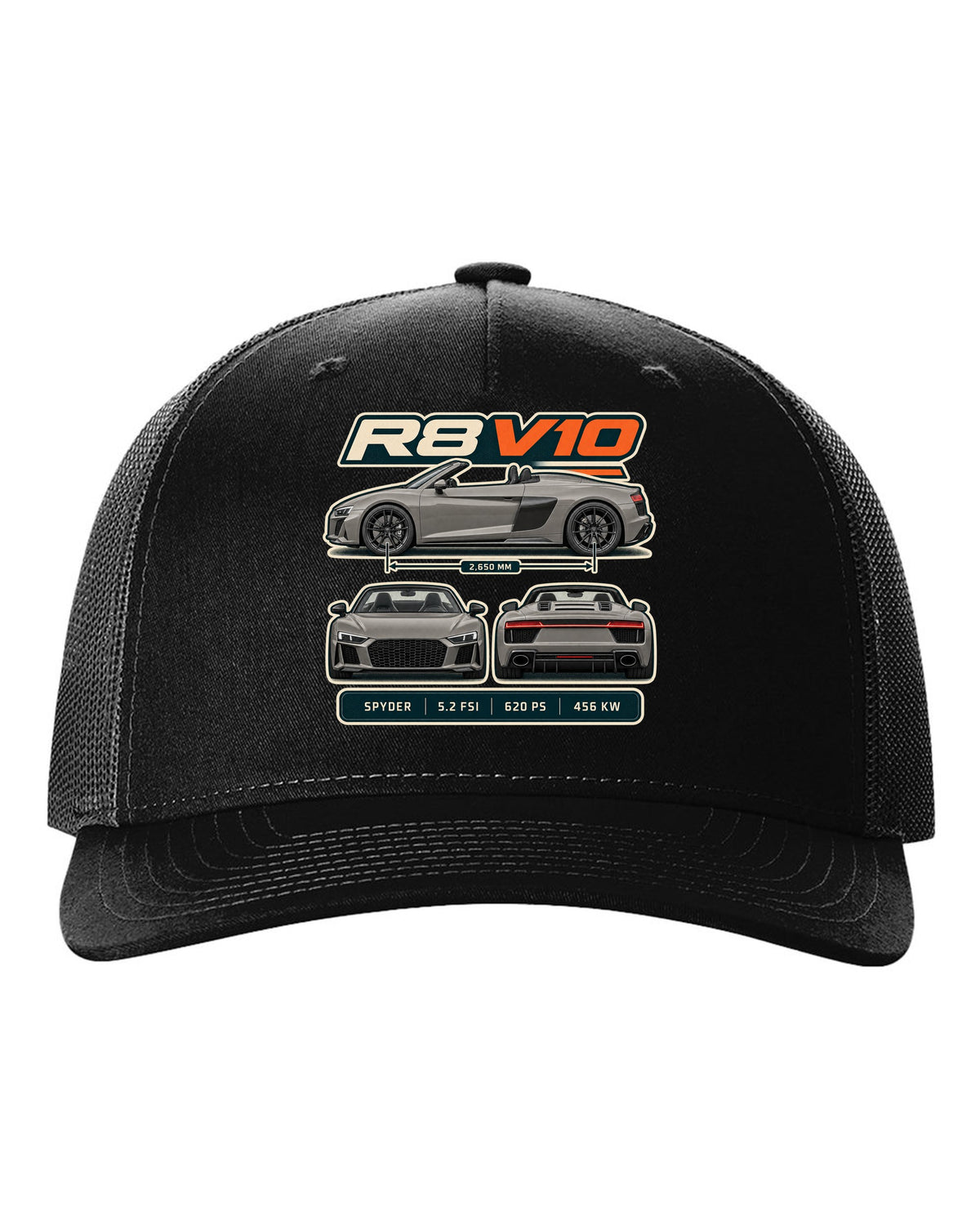 Audi R8 Spyder V10 performance three-view spec table print design black hat front view with the design