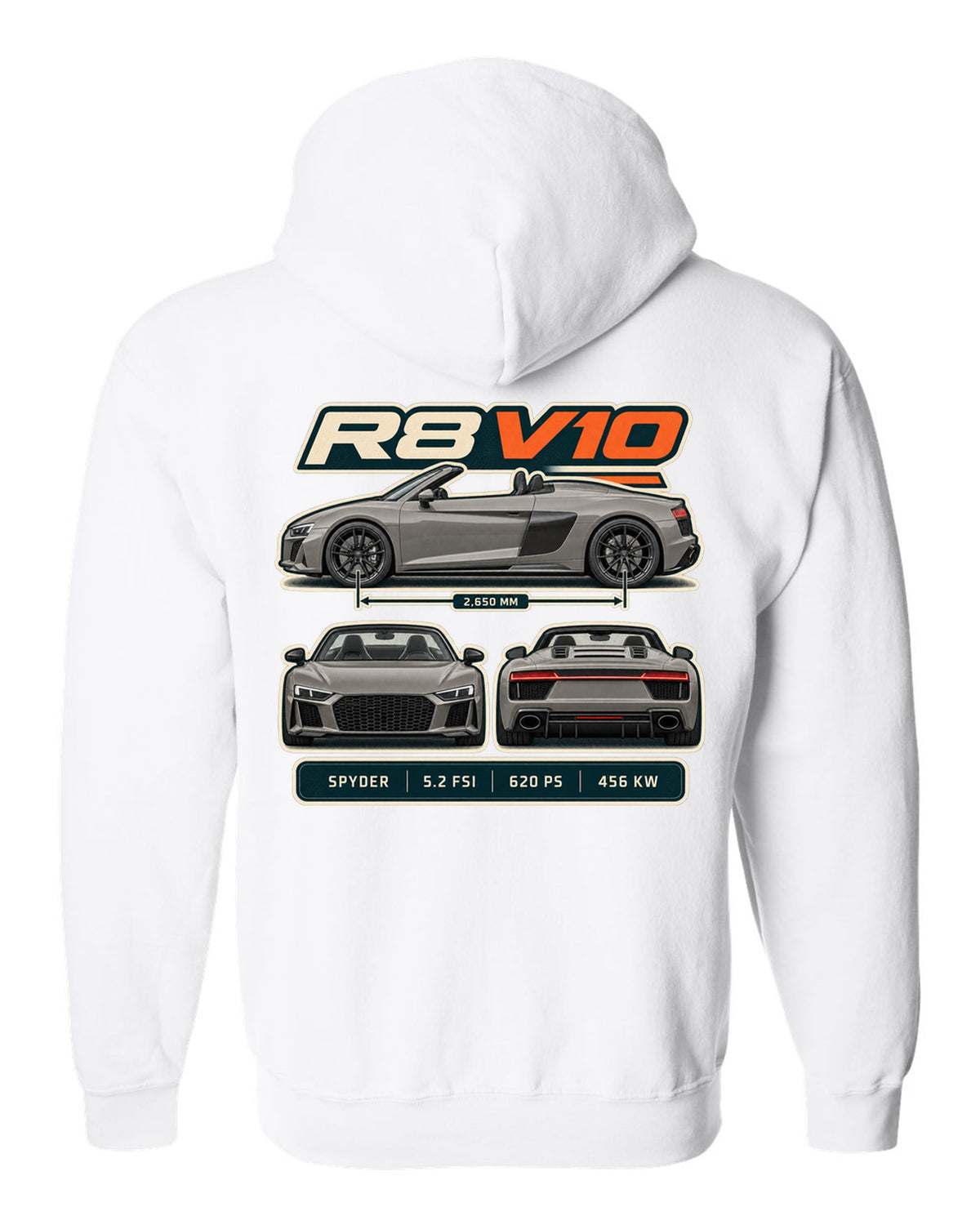 Audi R8 Spyder V10 performance three-view spec table print design white zip hoodie back view with the design