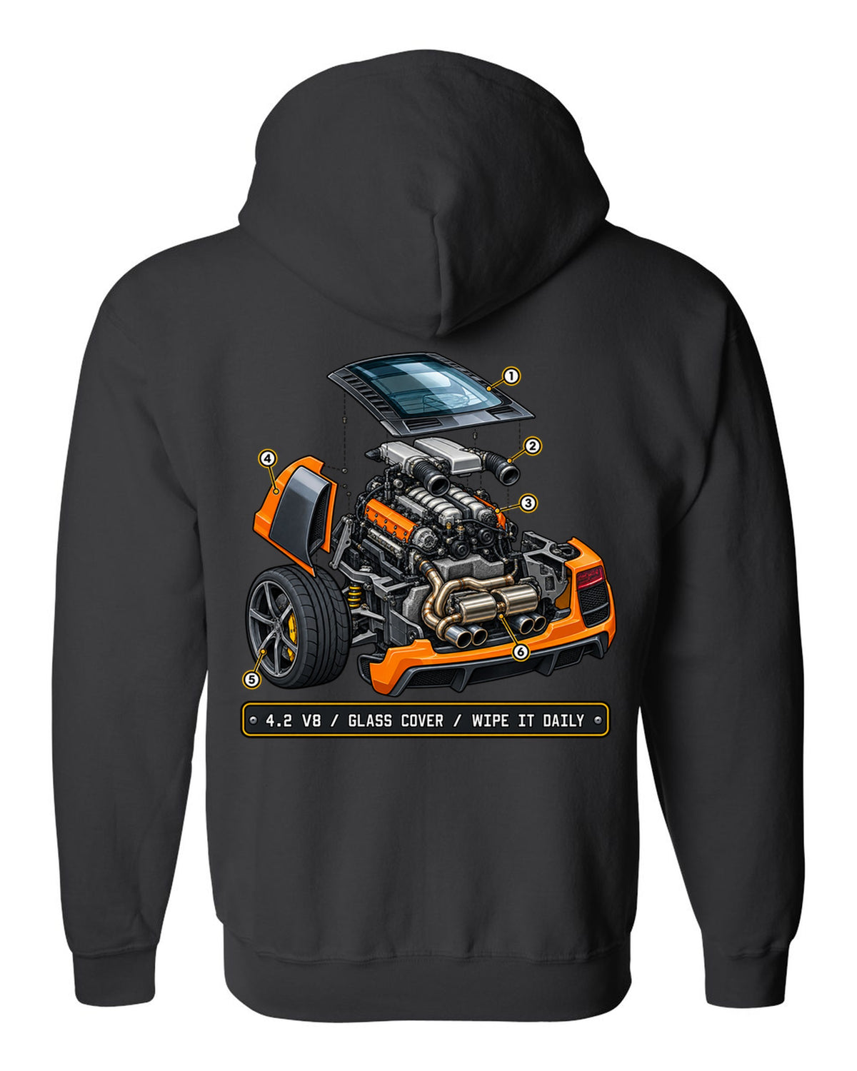 Isometric exploded view print of the Audi R8 Type 42 4.2 V8 with glass cover black zip hoodie back view with the design