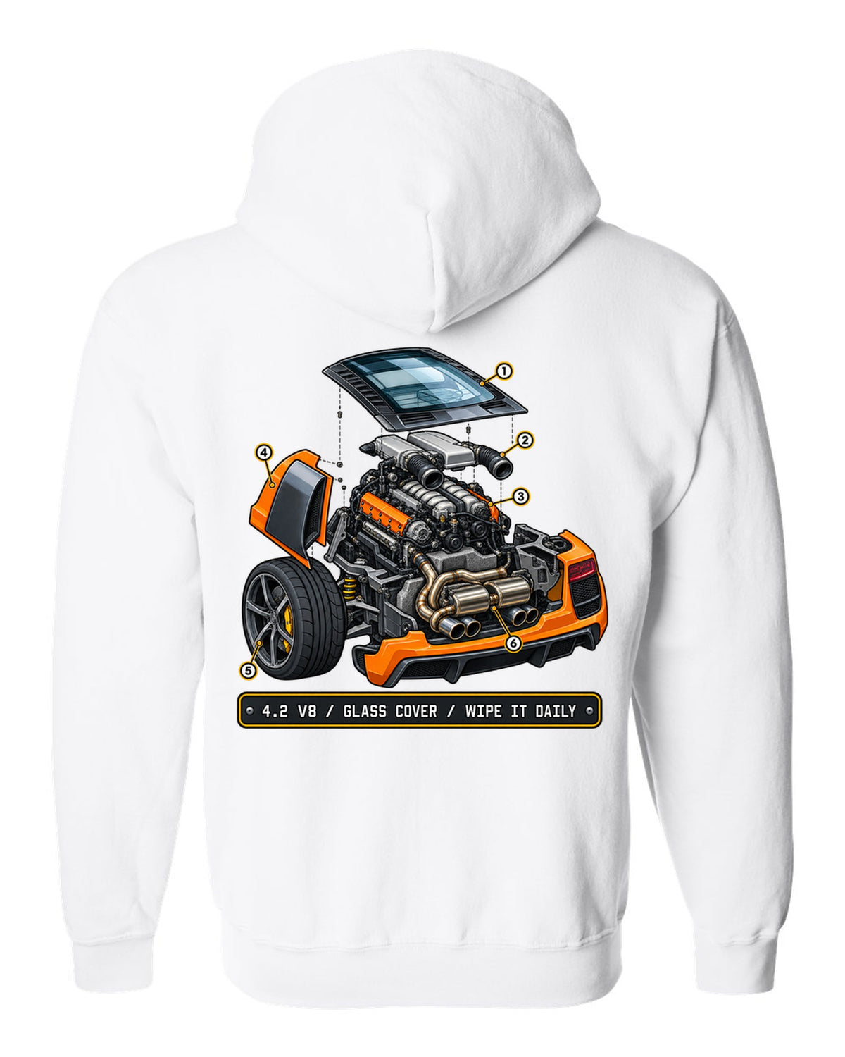 Isometric exploded view print of the Audi R8 Type 42 4.2 V8 with glass cover white zip hoodie back view with the design