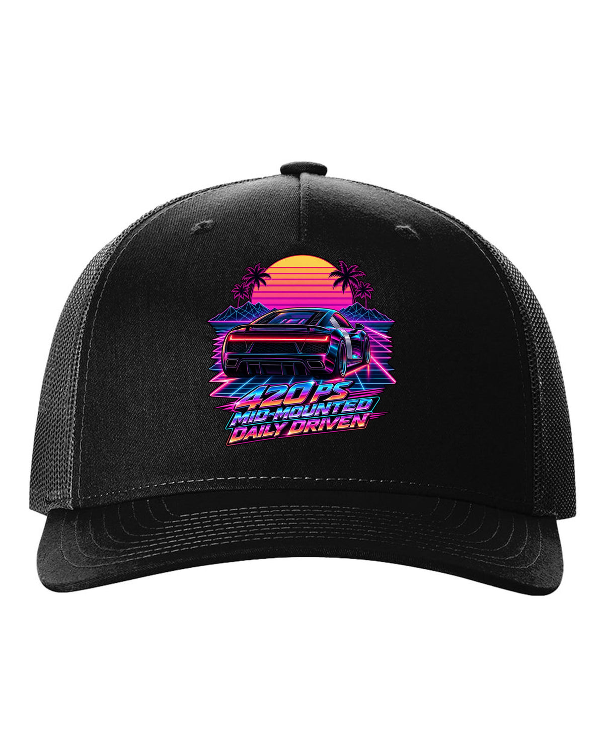 80s synthwave print of an Audi R8 Type 42 rear lights with Daily Driven text black hat front view with the design