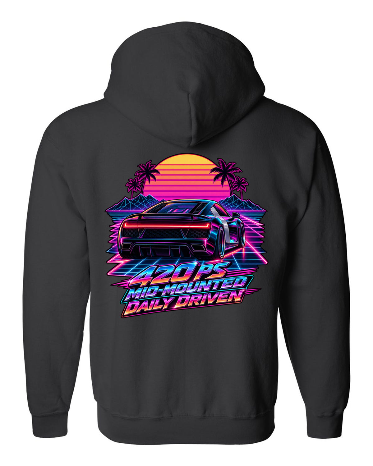 80s synthwave print of an Audi R8 Type 42 rear lights with Daily Driven text black zip hoodie back view with the design