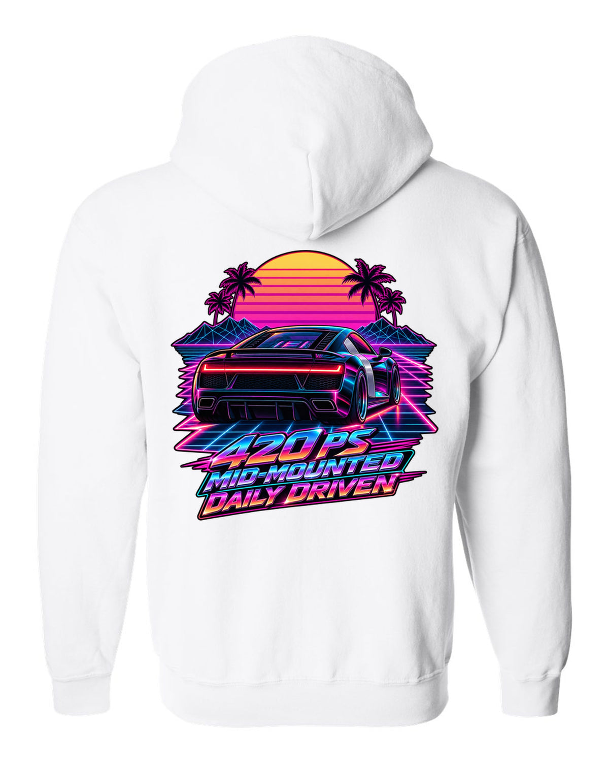 80s synthwave print of an Audi R8 Type 42 rear lights with Daily Driven text white zip hoodie back view with the design