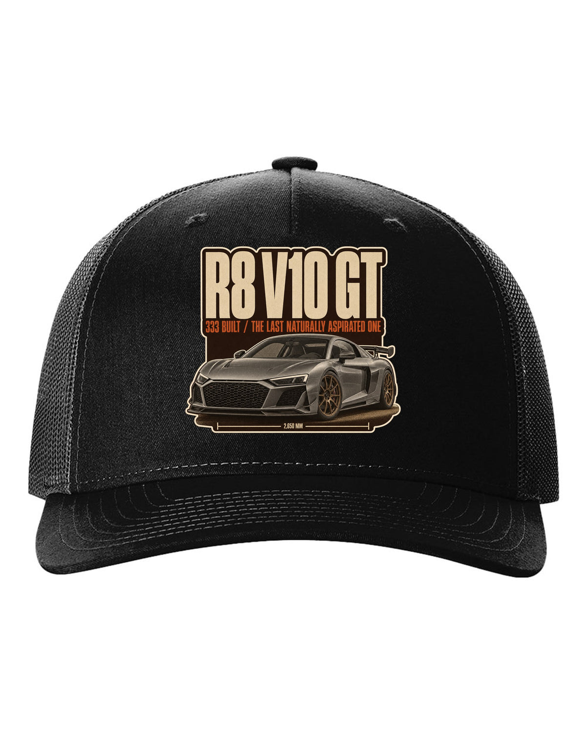 Audi R8 V10 GT RWD final edition editorial headline print design black hat front view with the design