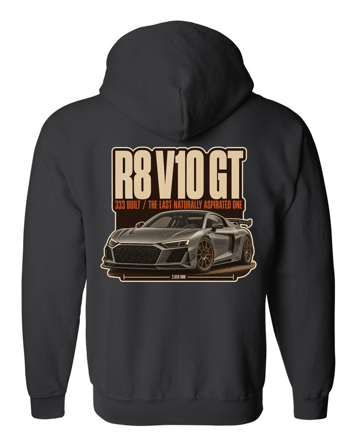 Audi R8 V10 GT RWD final edition editorial headline print design black zip hoodie back view with the design