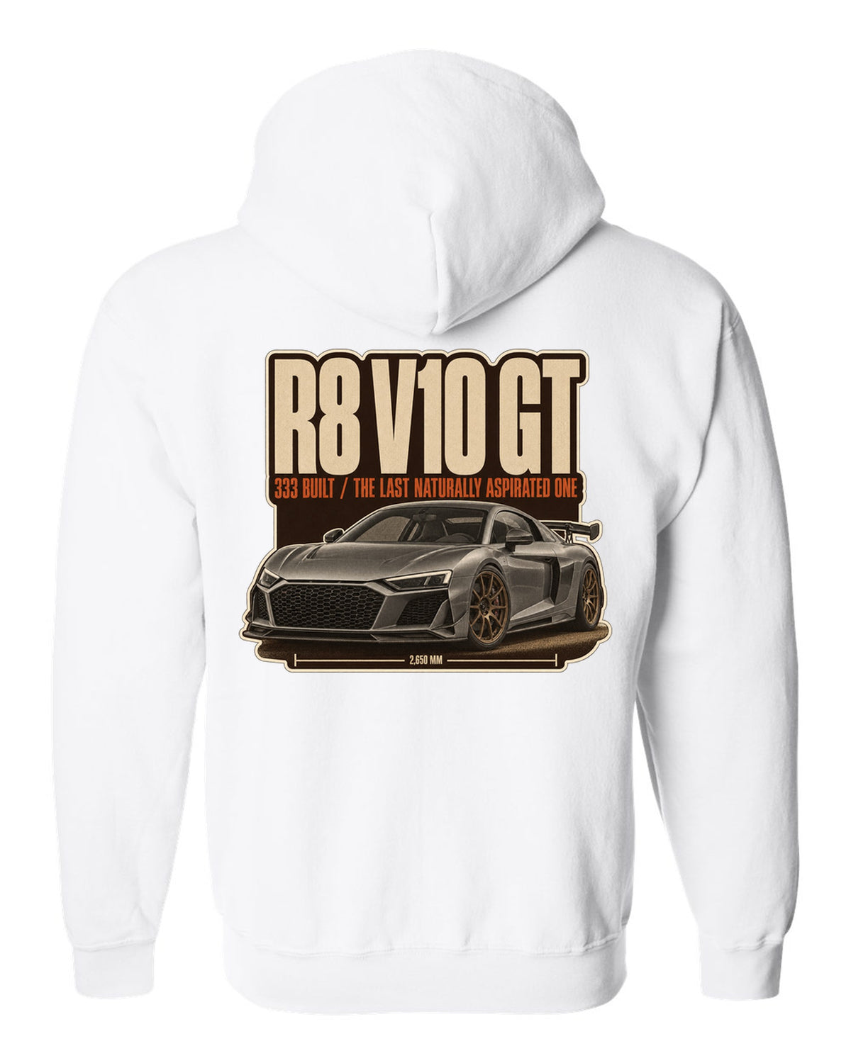 Audi R8 V10 GT RWD final edition editorial headline print design white zip hoodie back view with the design
