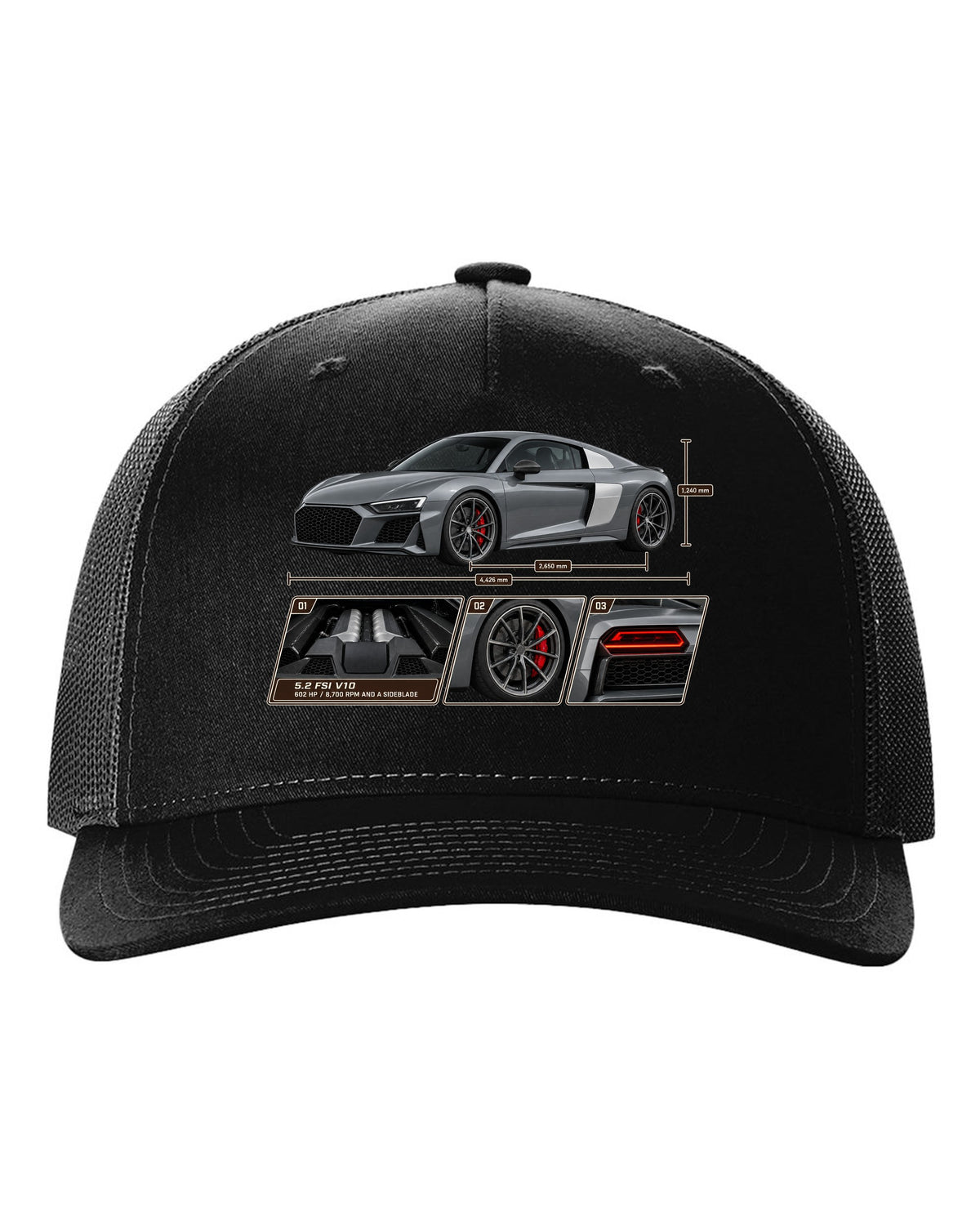 Dossier panel print of a Nardo grey Audi R8 V10 Performance black hat front view with the design