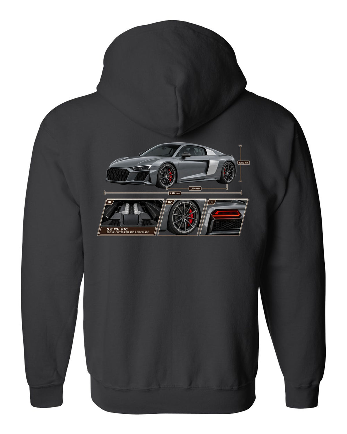 Dossier panel print of a Nardo grey Audi R8 V10 Performance black zip hoodie back view with the design