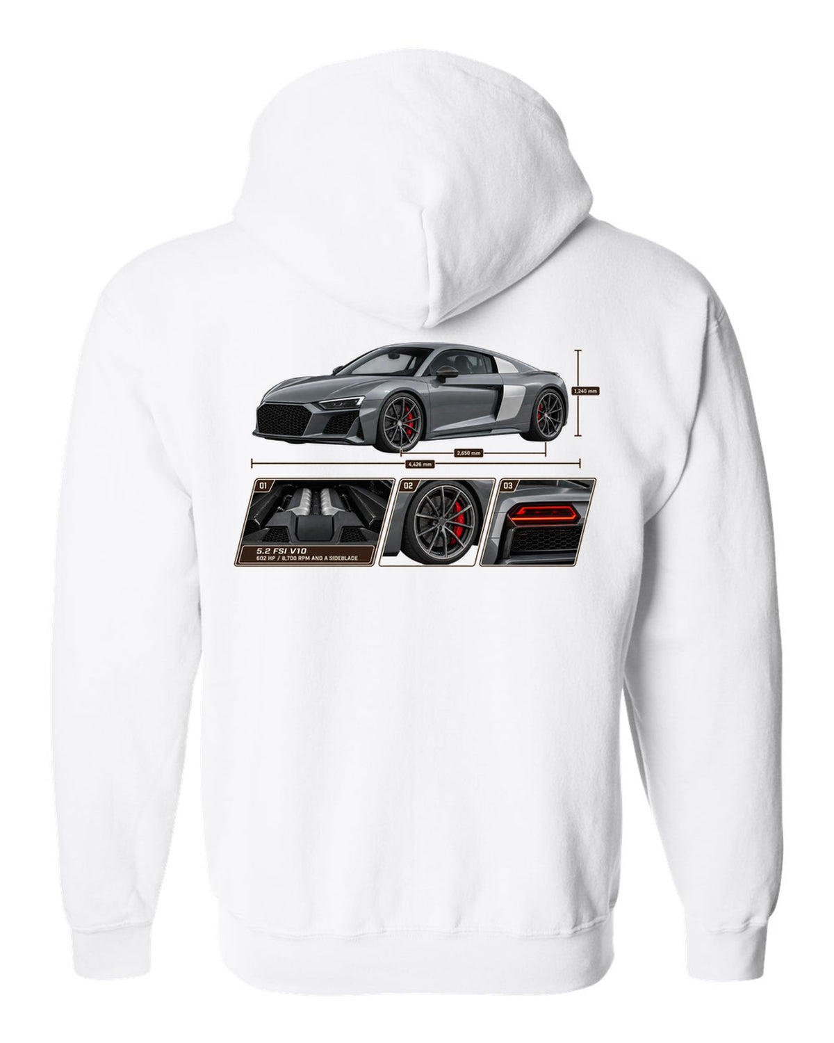 Dossier panel print of a Nardo grey Audi R8 V10 Performance white zip hoodie back view with the design