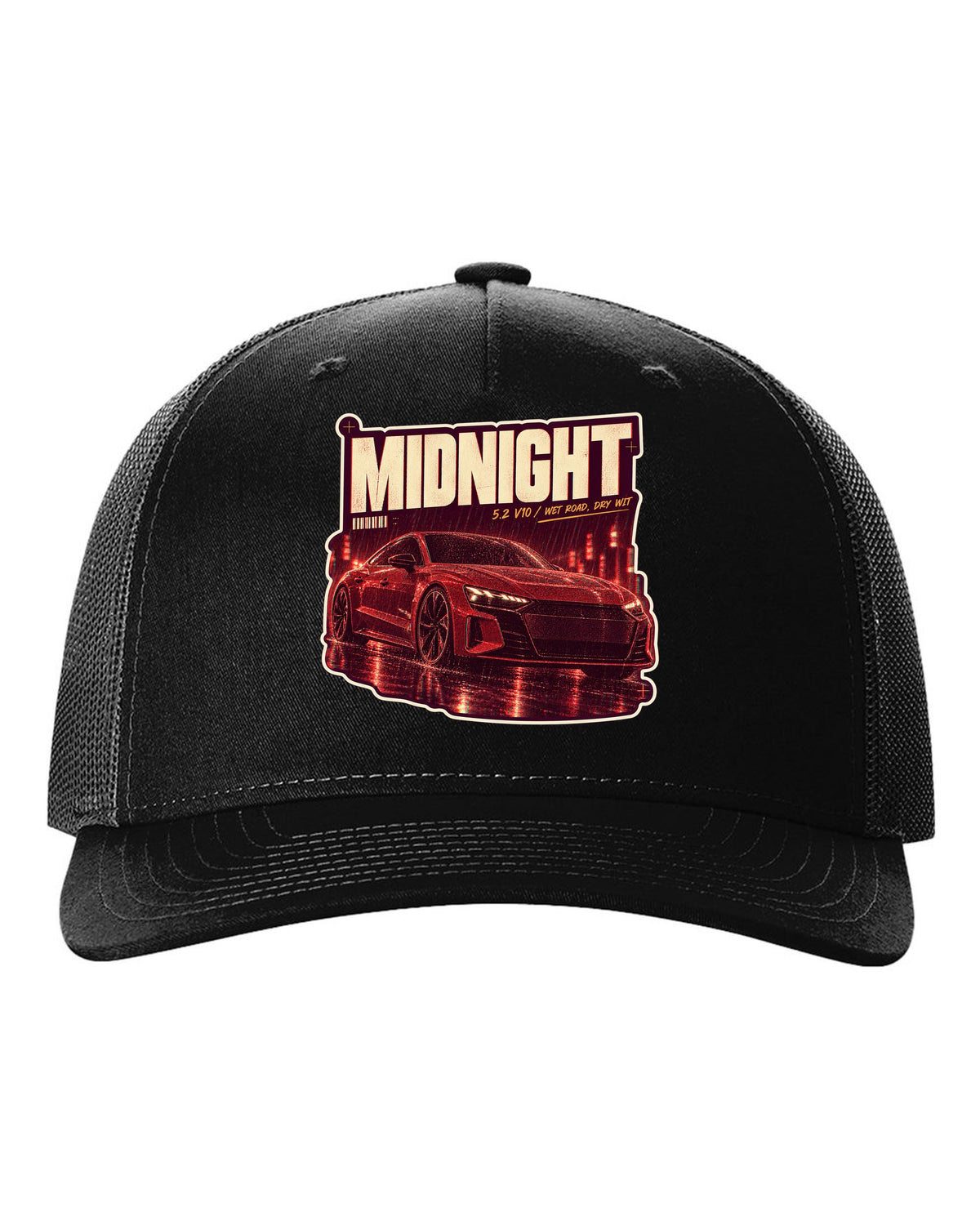 Audi R8 V10 performance on a wet night street print design black hat front view with the design